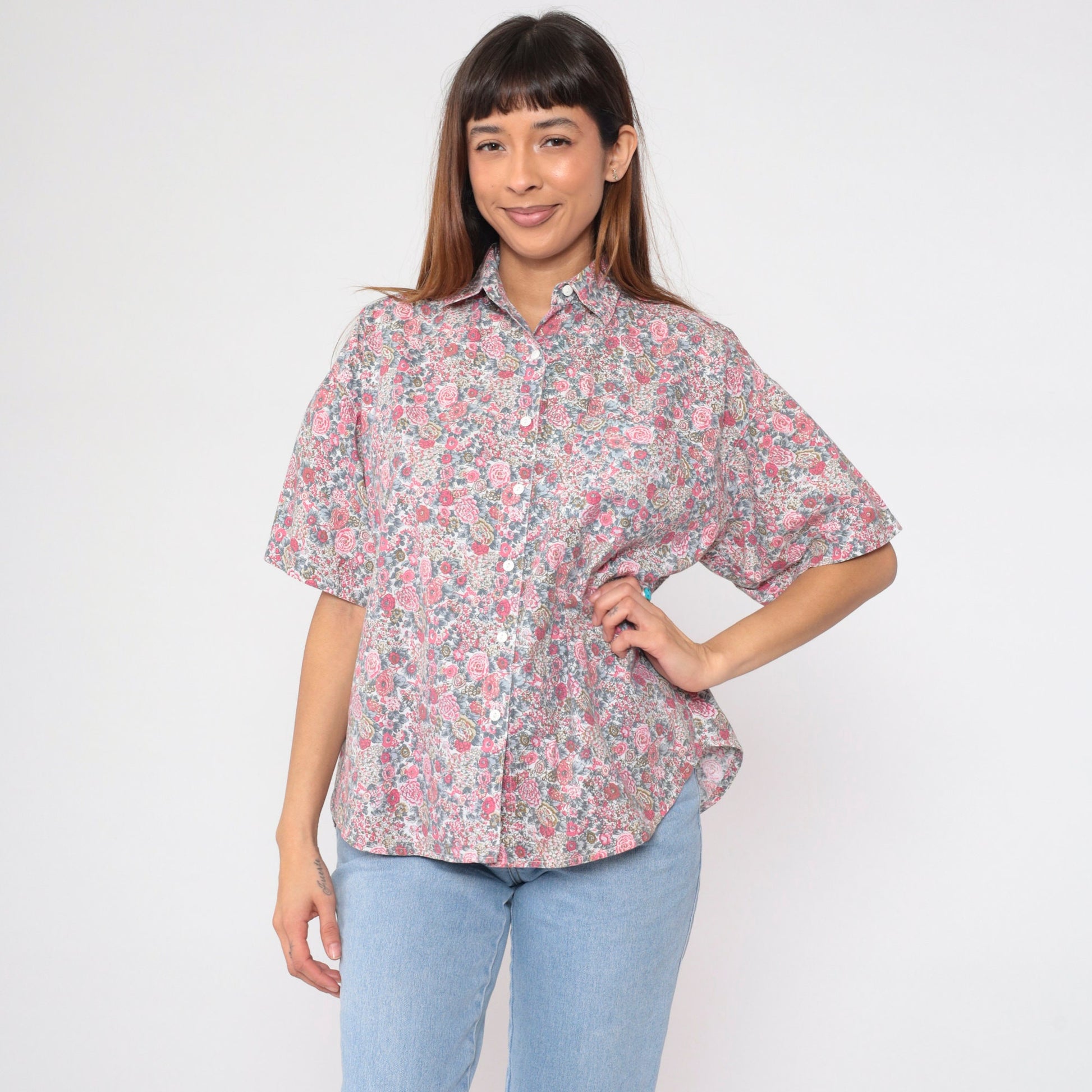 90s Floral Button-Up Shirt Cotton Wildflower Print Short Sleeve Small