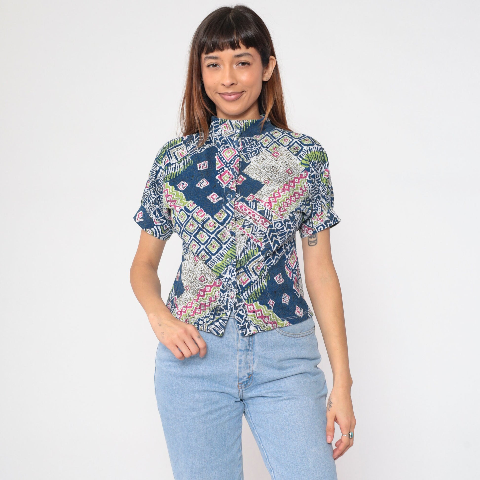90s Batik Abstract Geometric Print Button-Up Shirt Blue Mock Neck Small
