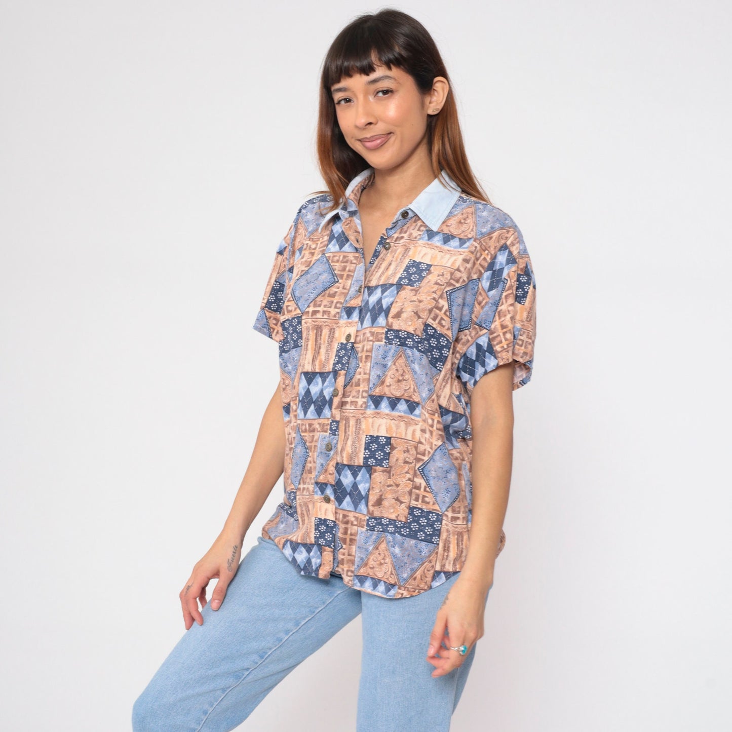 90s Geometric Floral Button-Up Blouse Short Sleeve Patchwork Print Blue Tan Large L