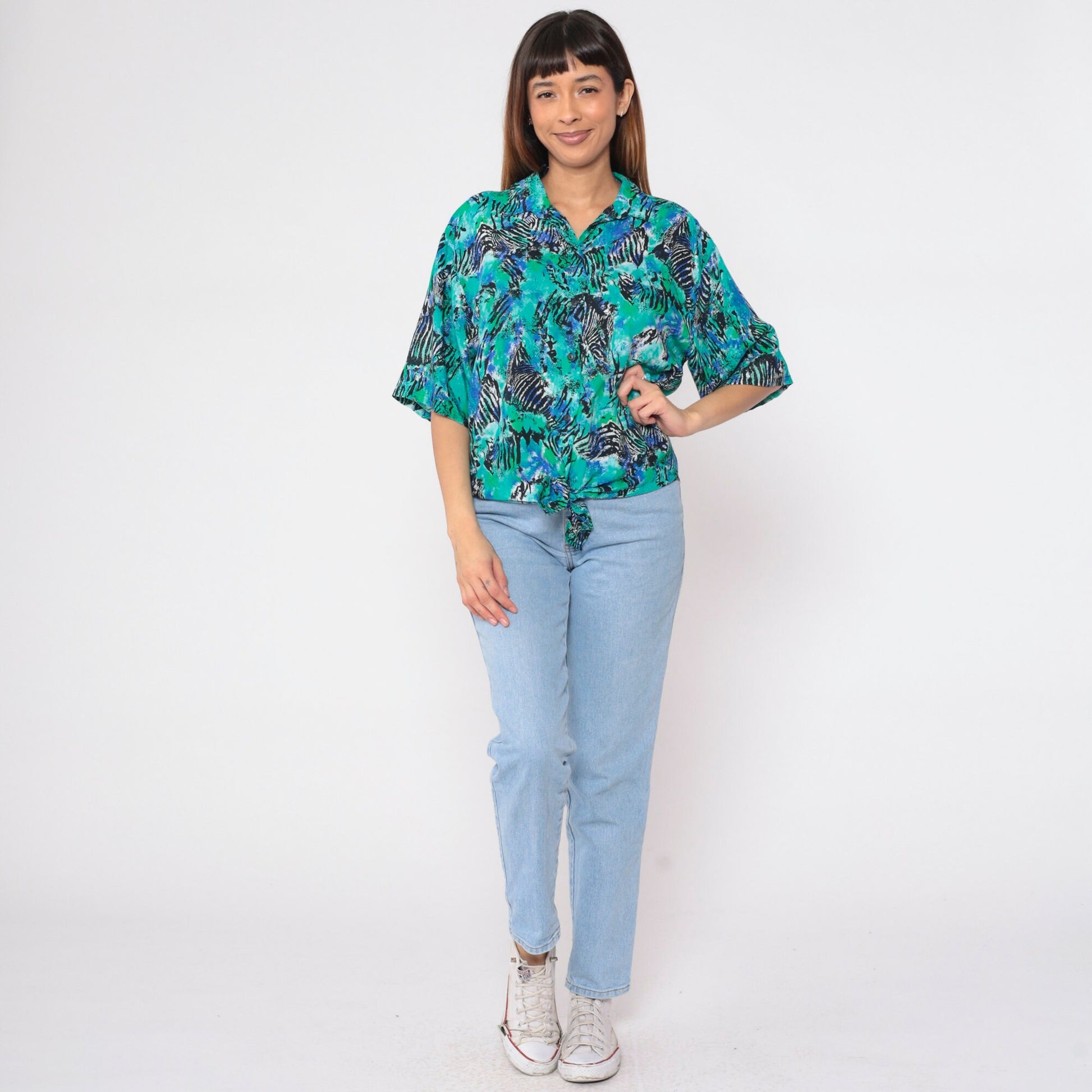 90s Abstract Zebra Print Tie-Front Blouse Blue Green Short Sleeve Medium M
