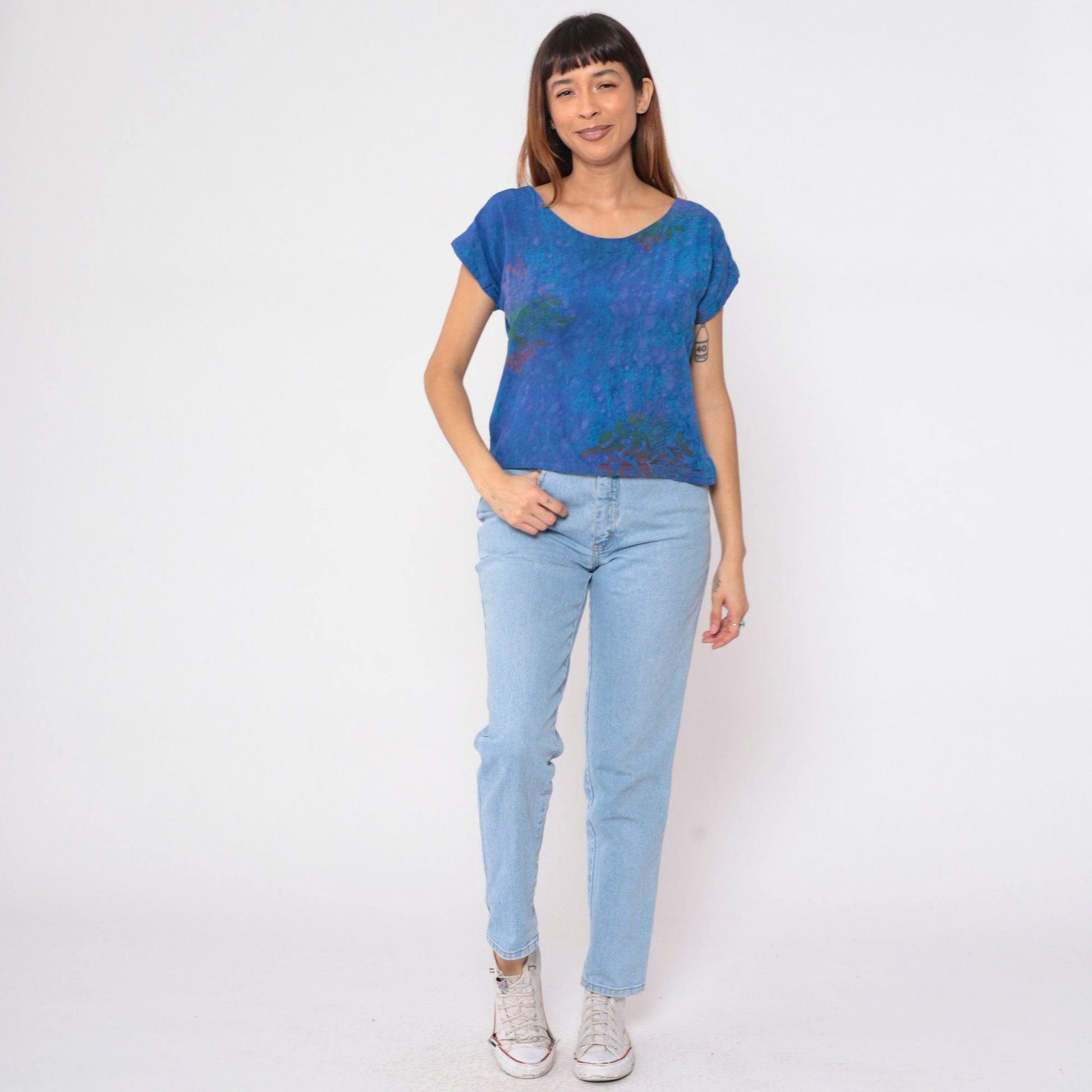 Y2K Tie Dye Floral Blouse Blue Pink Green Cap Sleeve Small