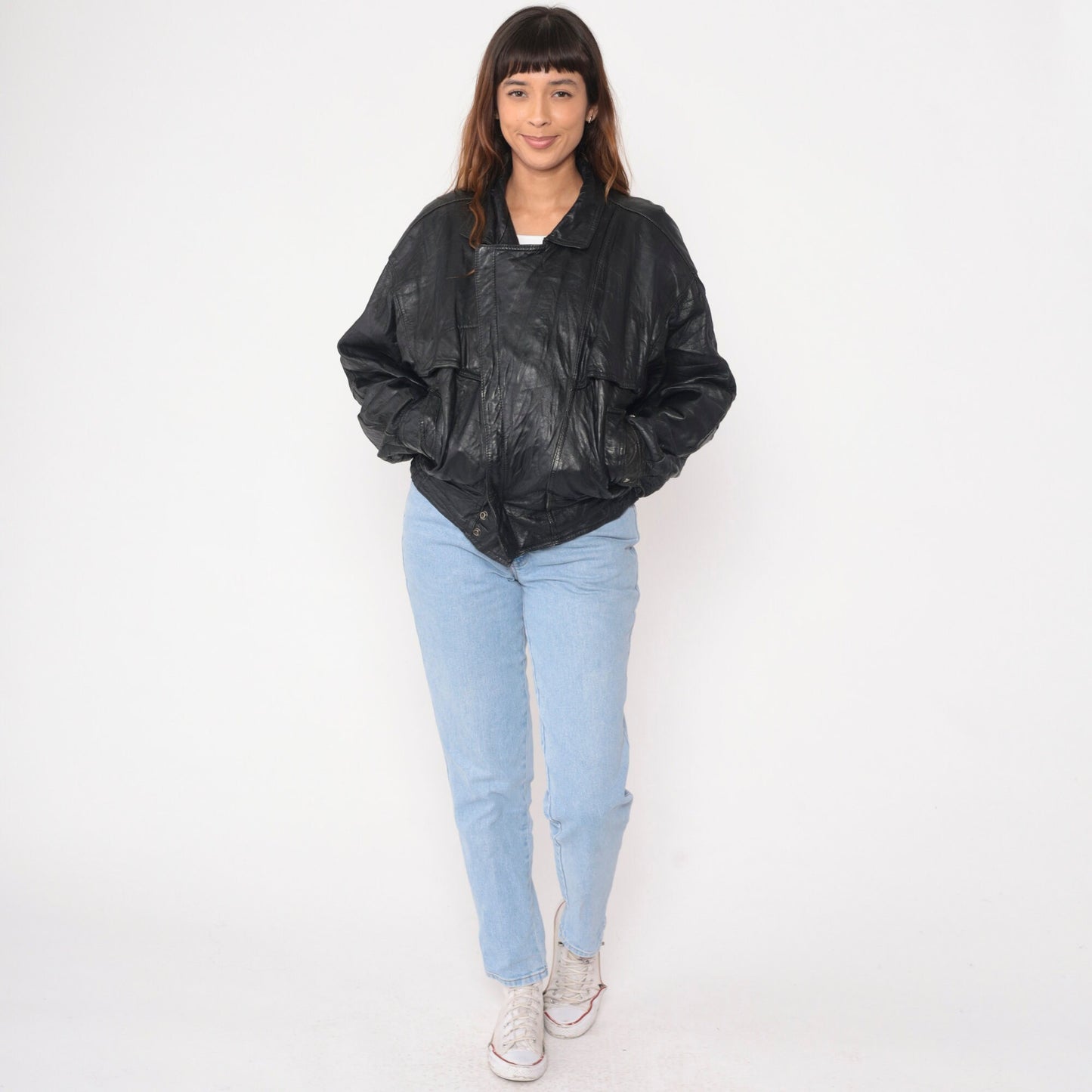 90s Black Leather Motorcycle Jacket Asymmetrical Moto Biker Small