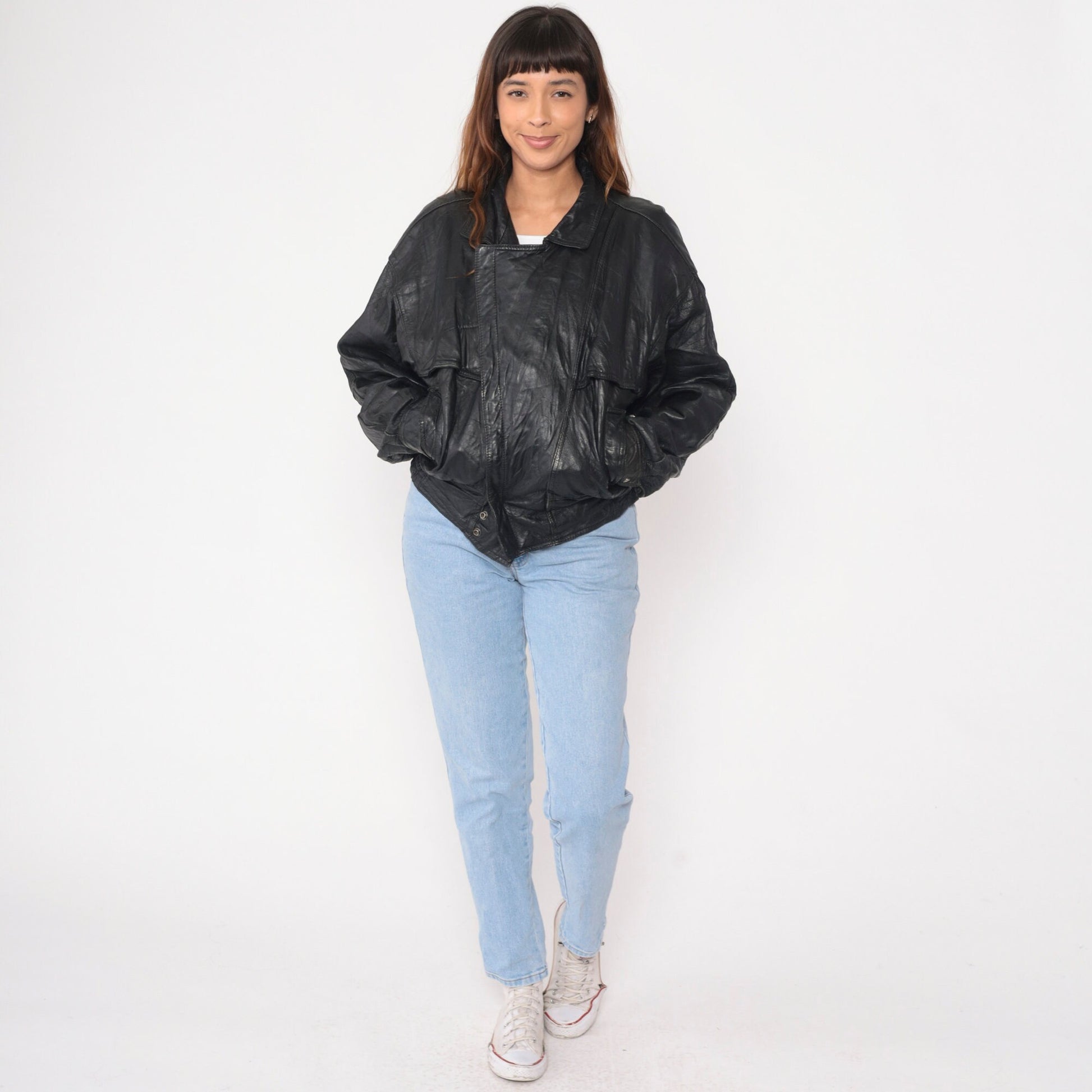 90s Black Leather Motorcycle Jacket Asymmetrical Moto Biker Small