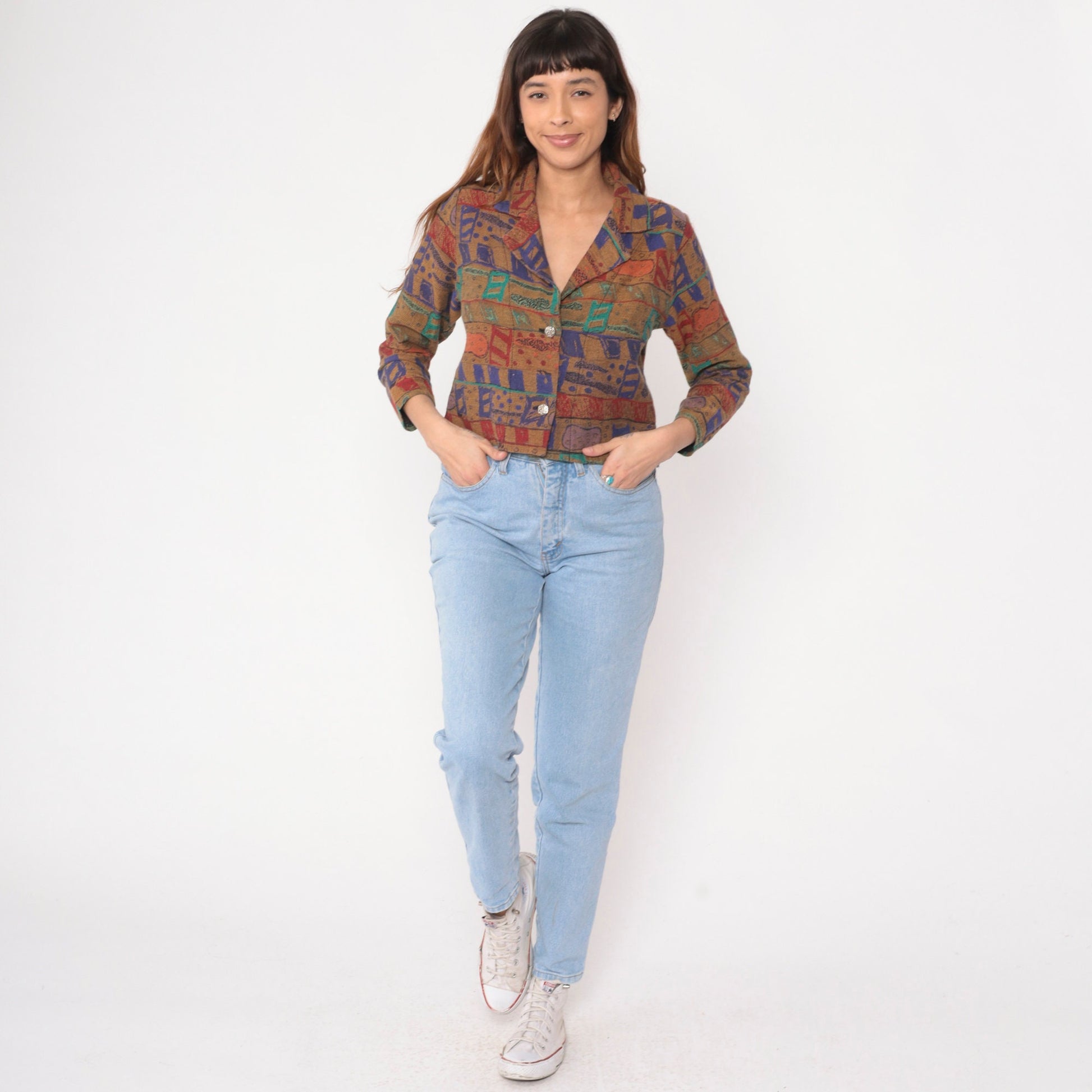 90s Tapestry Blazer Cropped Abstract Geometric Mustard Yellow Purple Extra Small