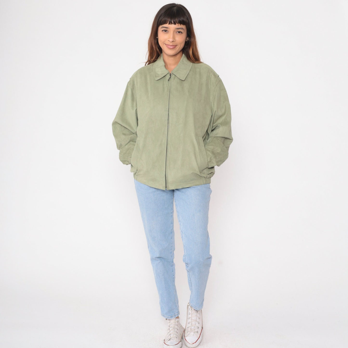 90s Newport Harbor Faux Suede Zip Jacket Light Green Collared Windbreaker Extra Large XXL