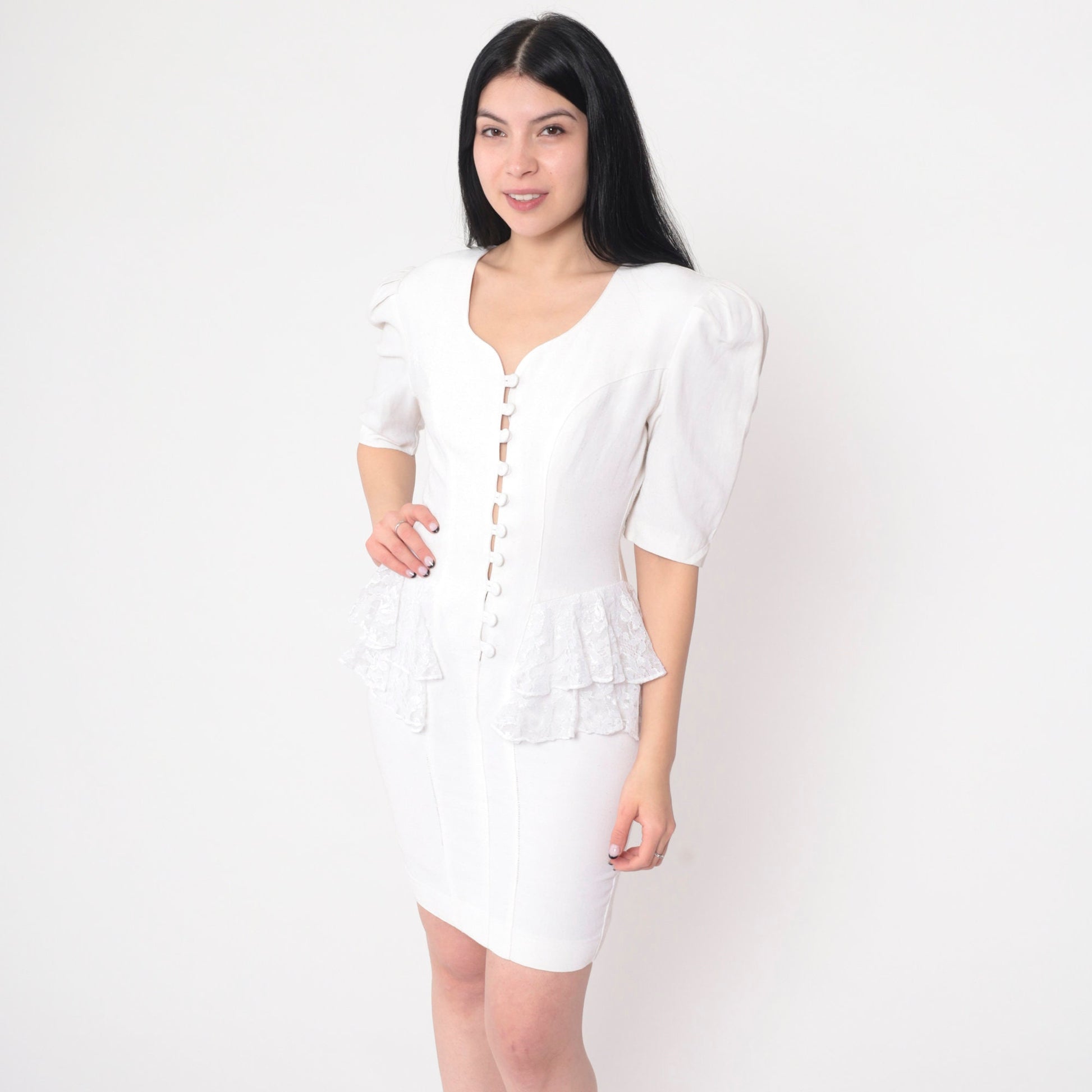 80s Young Edwardian White Lace Peplum Mini Dress Puff Sleeve Extra Small