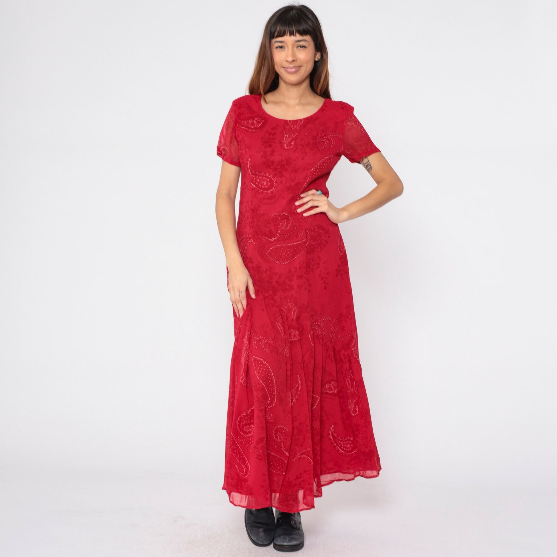 90s Red Paisley Maxi Dress Asymmetrical Drop Waist Short Sleeve Medium