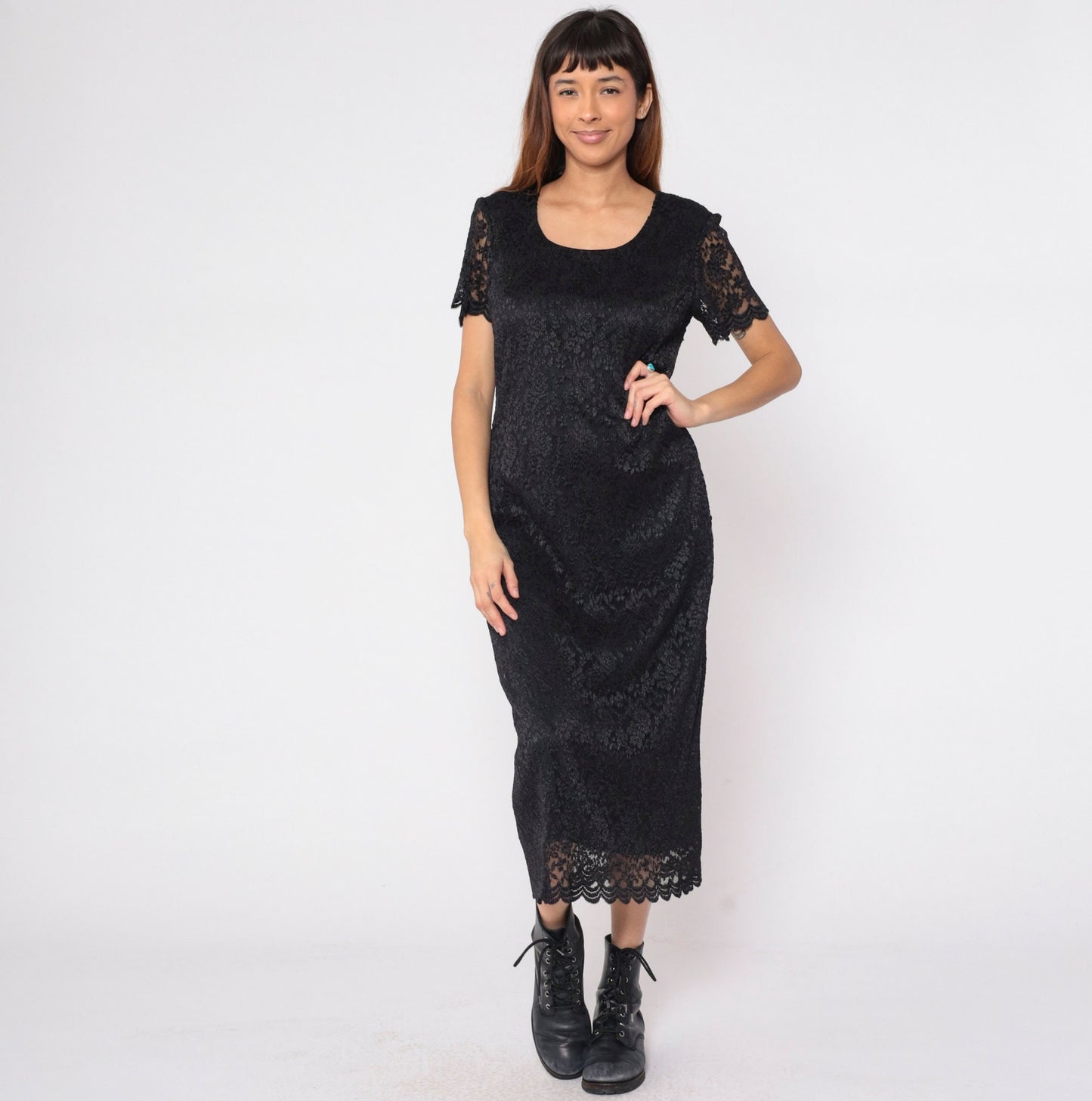 90s Helen Blake Black Lace Floral Midi Dress Scoop Neck Short Sleeve Medium