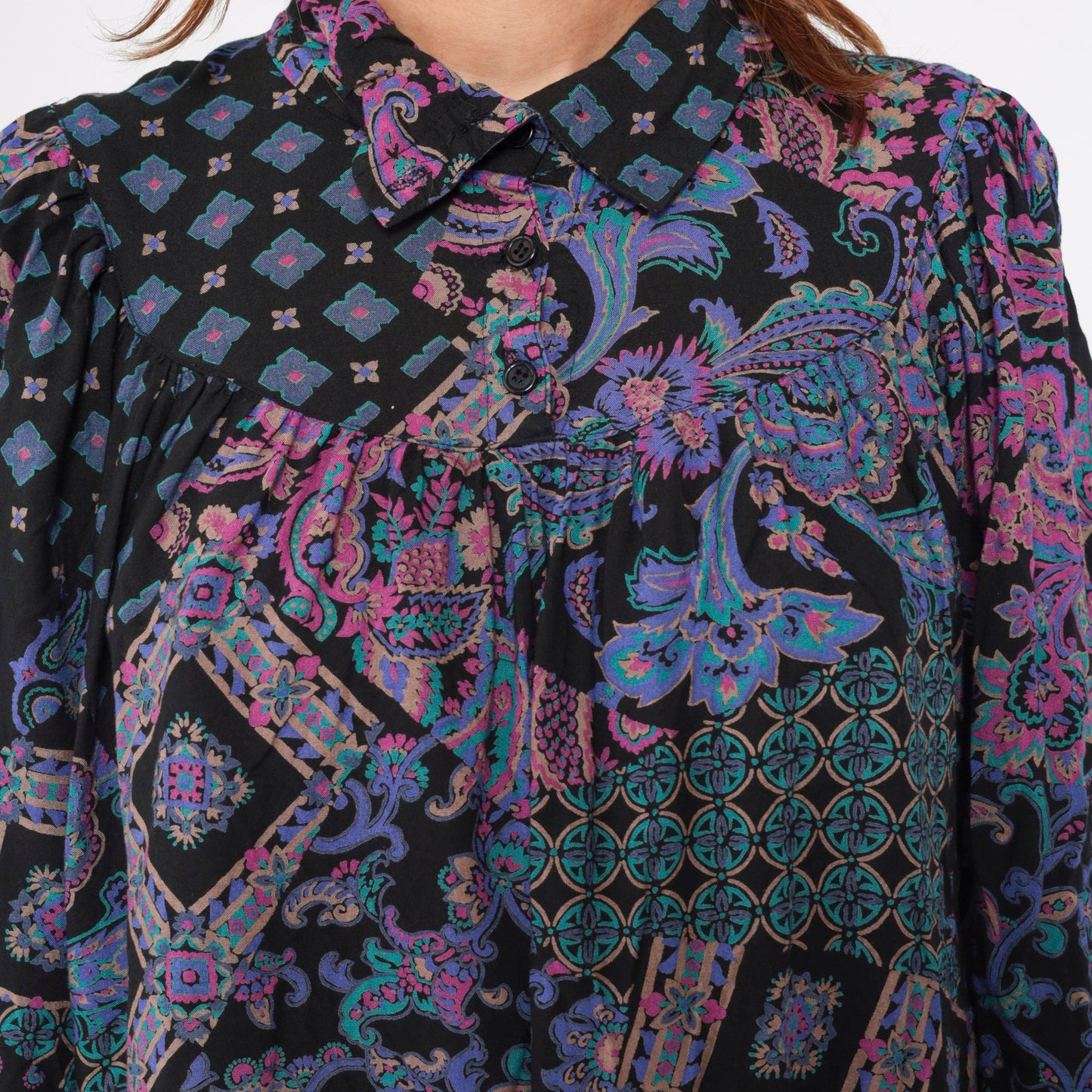 90s Black Abstract Floral Paisley Tunic Mini Dress Puff Sleeve Collared Medium Large