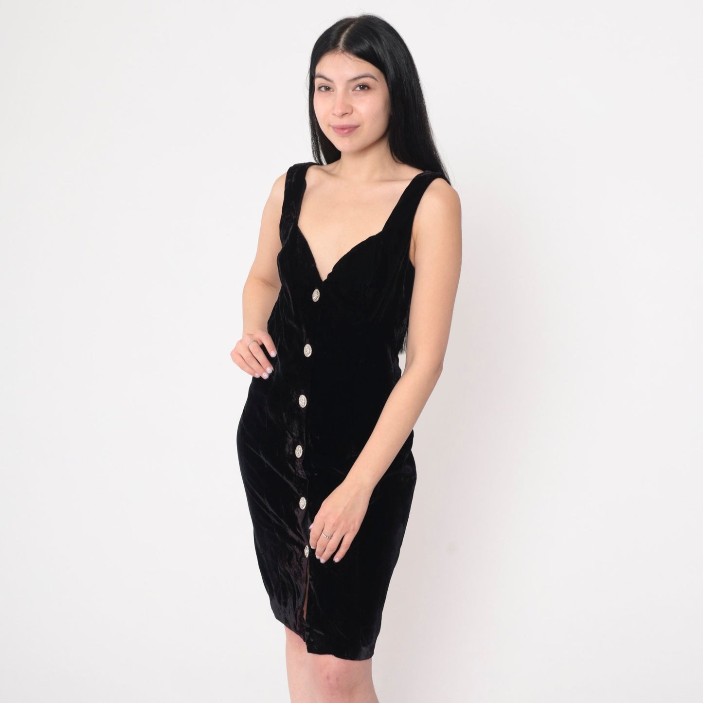 90s Rampage Black Velvet Mini Dress Sweetheart Neckline Button Front Medium
