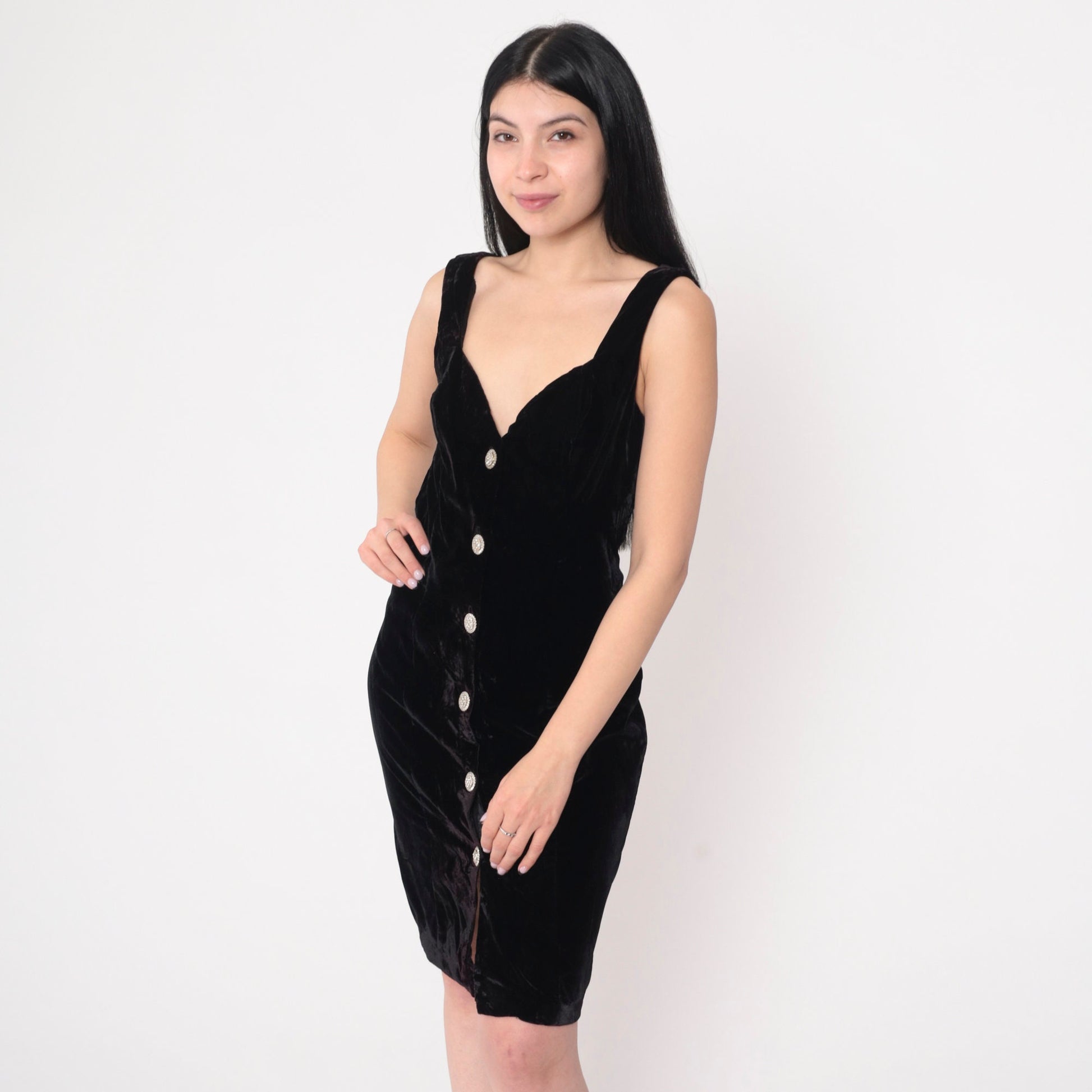 90s Rampage Black Velvet Mini Dress Sweetheart Neckline Button Front Medium