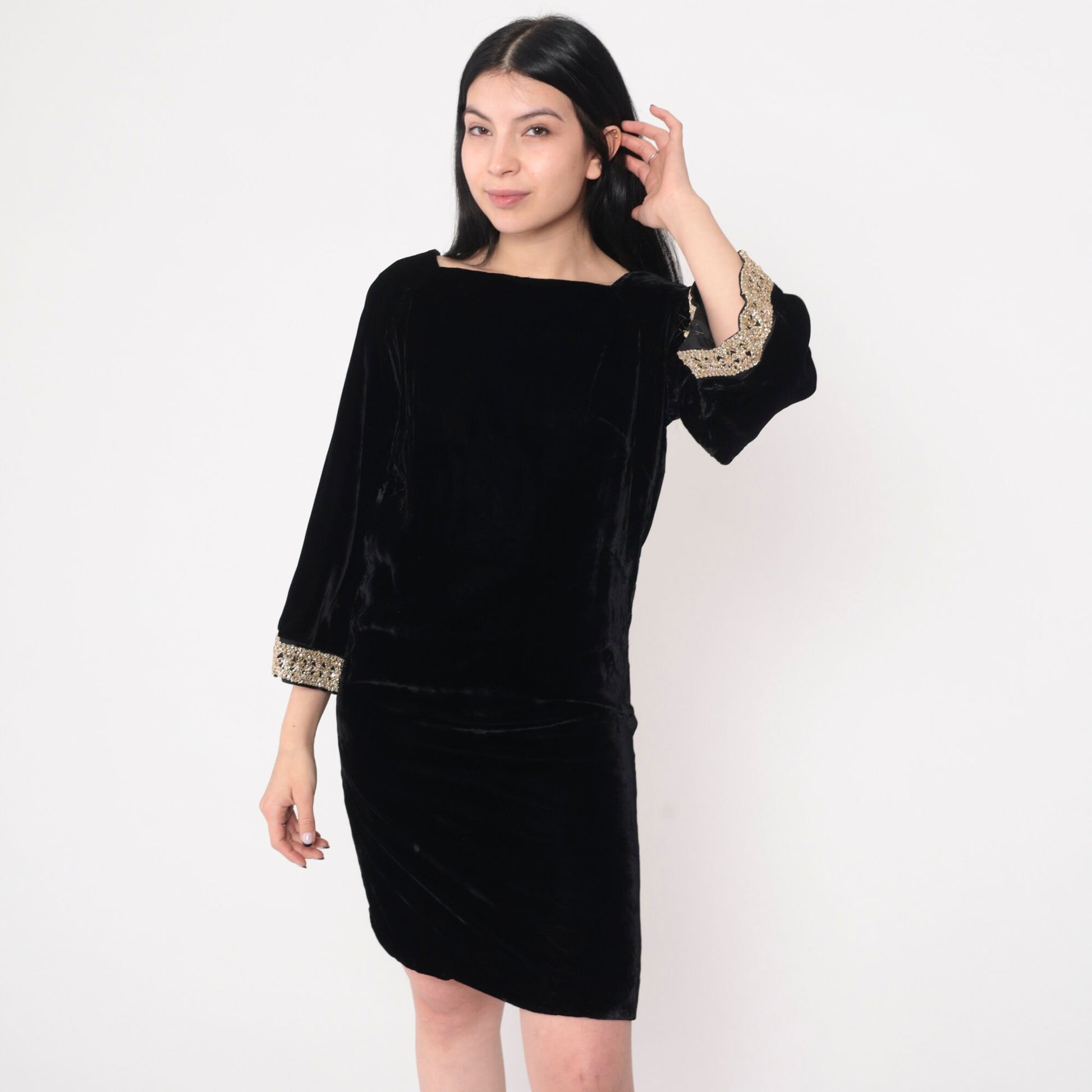 60s Black Velvet Mini Dress Metallic Bell Sleeve Shift Square Neckline Small