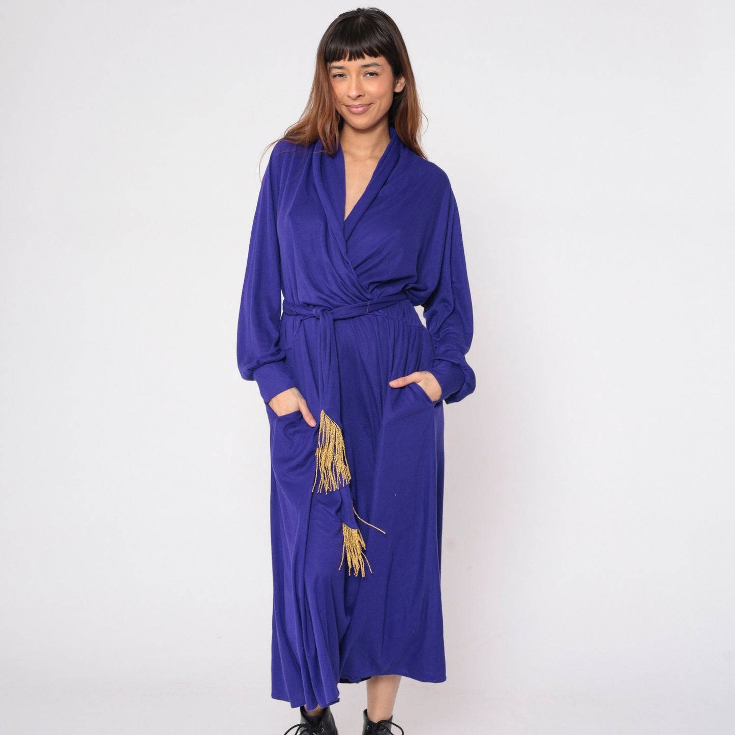 Y2K Purple Wrap Maxi Dress Gold Tassel Long Sleeve Draped Ankle Length Large L