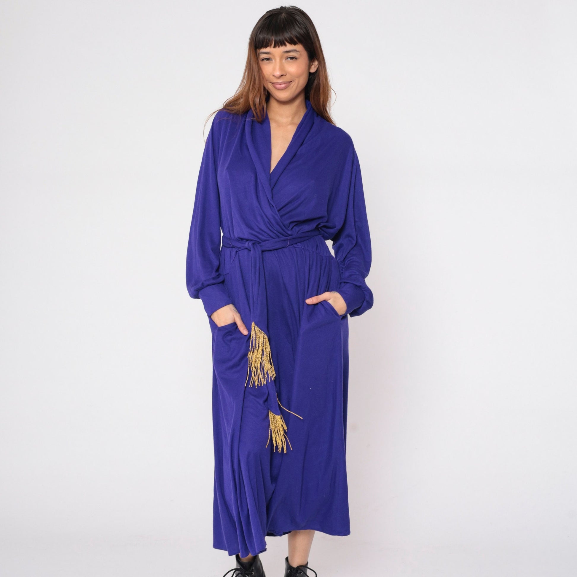 Y2K Purple Wrap Maxi Dress Gold Tassel Long Sleeve Draped Ankle Length Large L