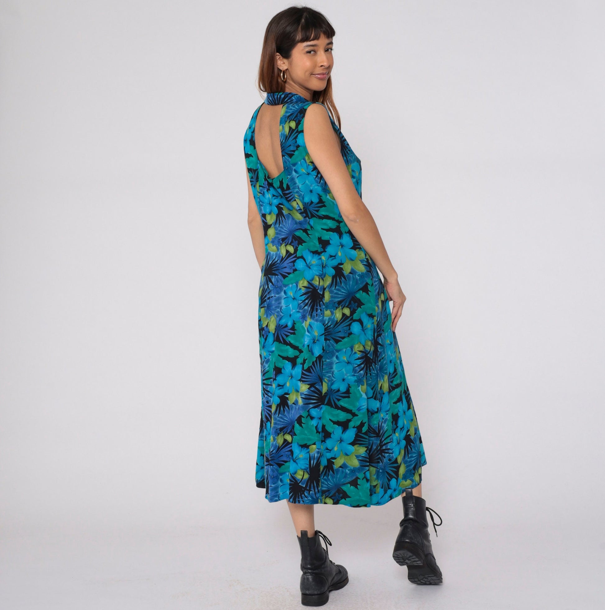 90s Tropical Floral Midi Dress Blue Hibiscus Leaf Print Collared Sleeveless Large