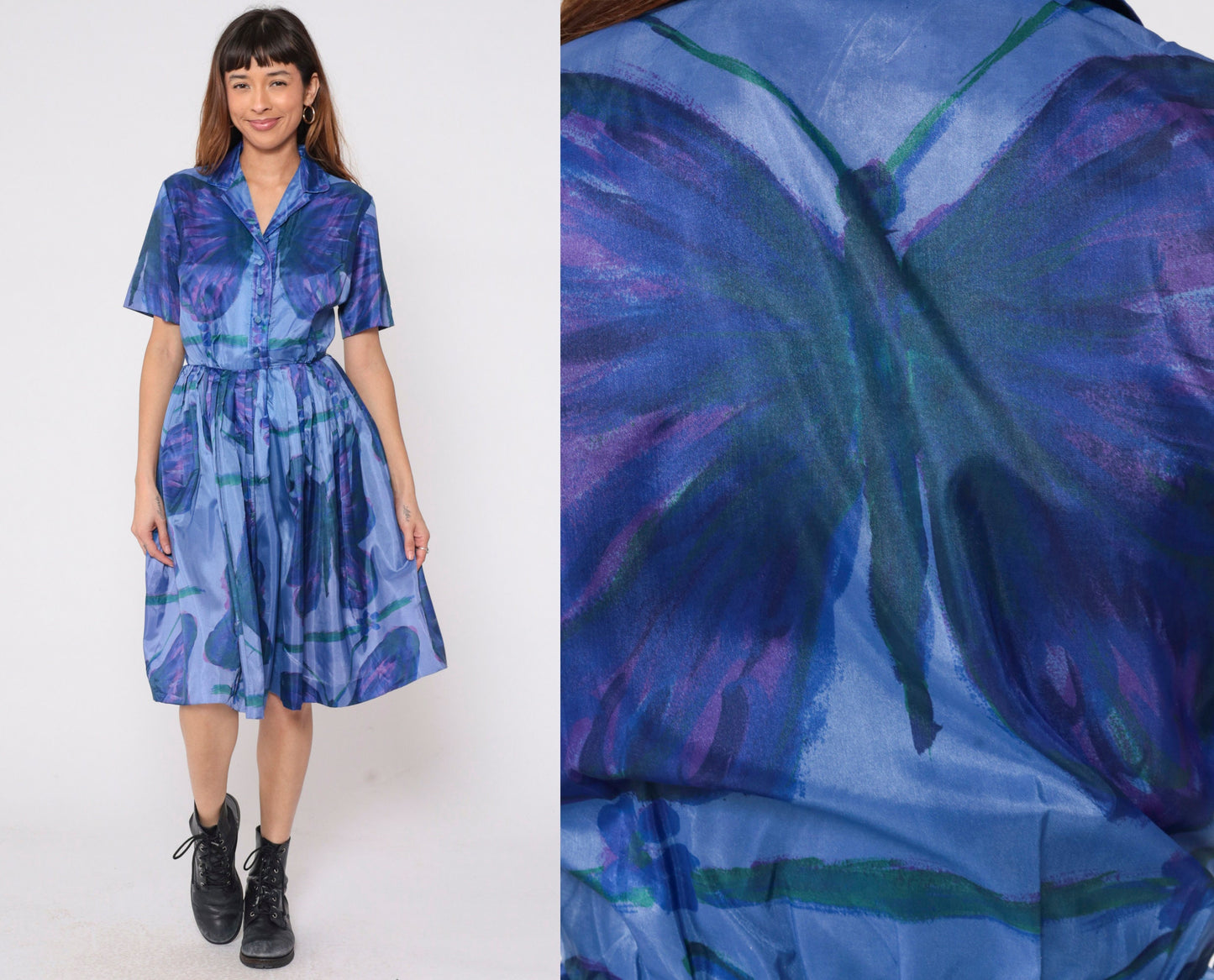 60s Butterfly Print Shirtwaist Dress Purple Blue Knee-Length Small