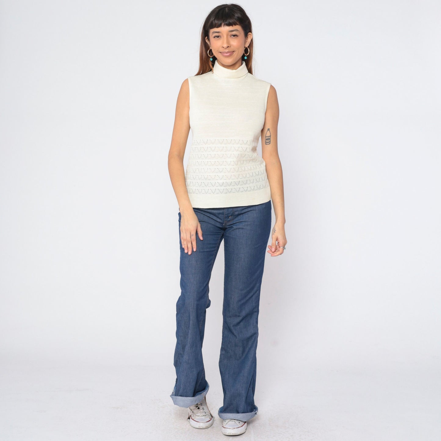 70s Cream Pointelle Knit Tank Top Mock Neck Cutout Sleeveless Small S