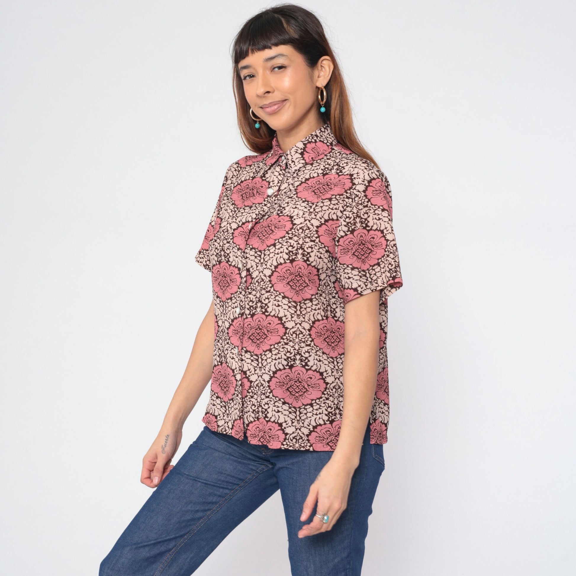 90s Floral Button-Up Blouse Brown Pink Cream Flower Print Short Sleeve Medium