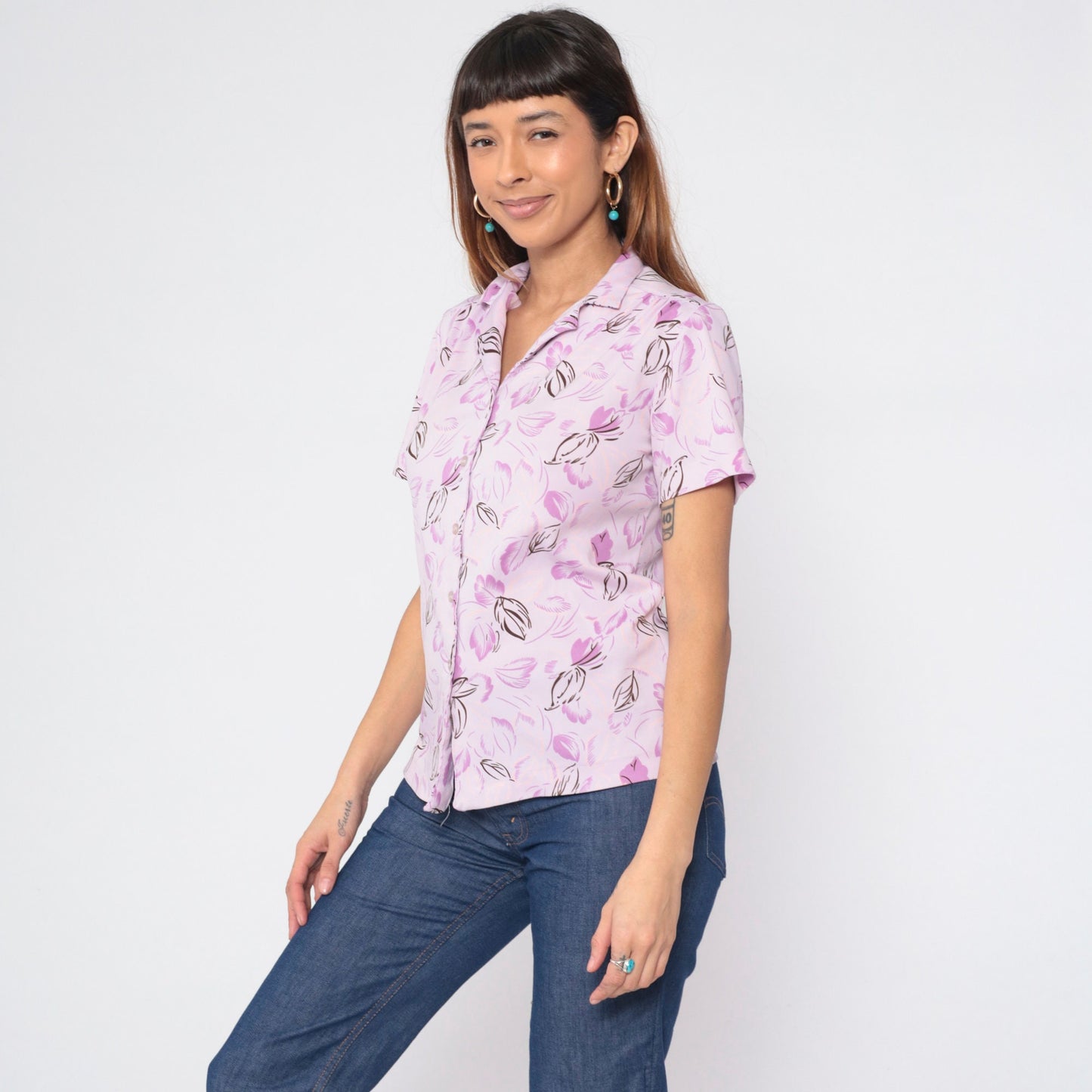 70s Light Purple Floral Button-Up Shirt Lavender Leaf Print Short Sleeve Medium