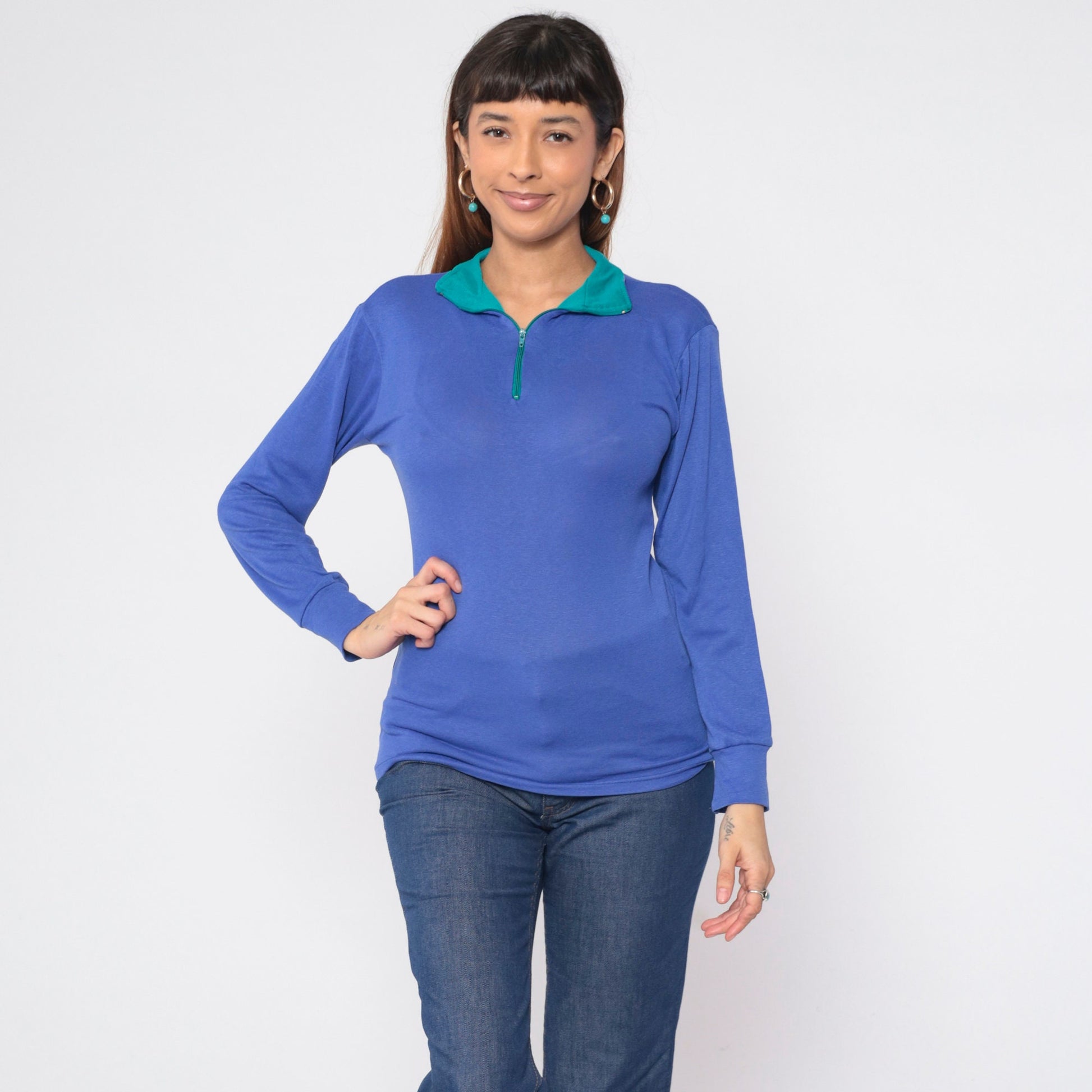 90s REI Quarter Zip Long Sleeve Shirt Blue Green Collar Small Medium