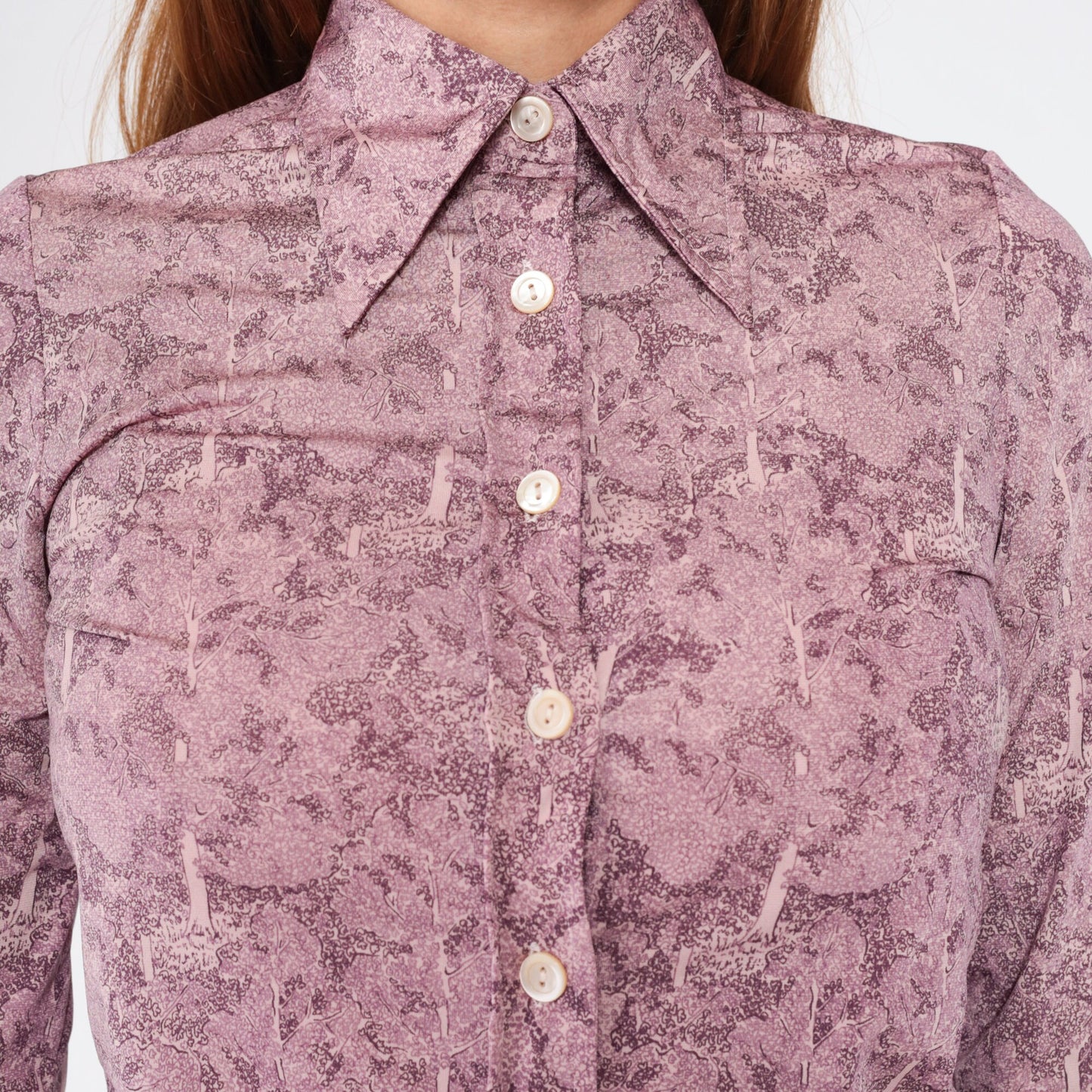 70s Oscar Valentino Tree Print Pink Button-Up Blouse Dagger Collar XS