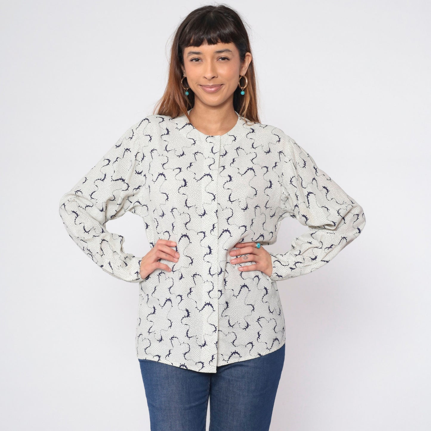 90s Evan Picone Abstract Dot Print Button-Up Blouse White Long Sleeve Medium