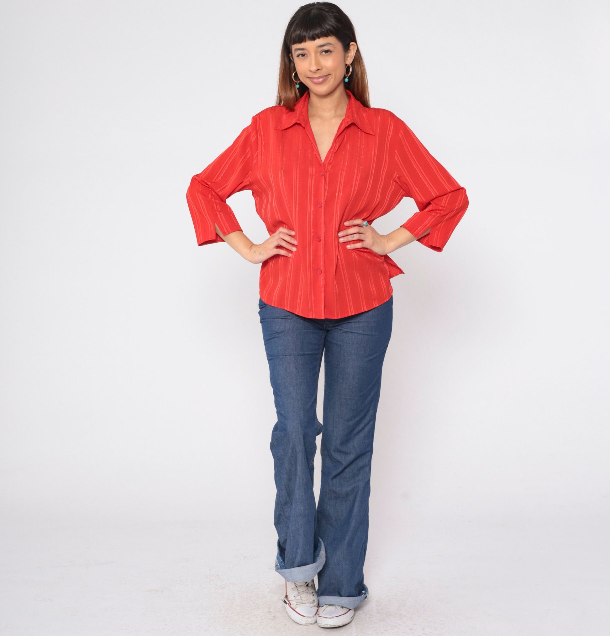90s Red Metallic Striped Button-Up Blouse Collared V-Neck Large L