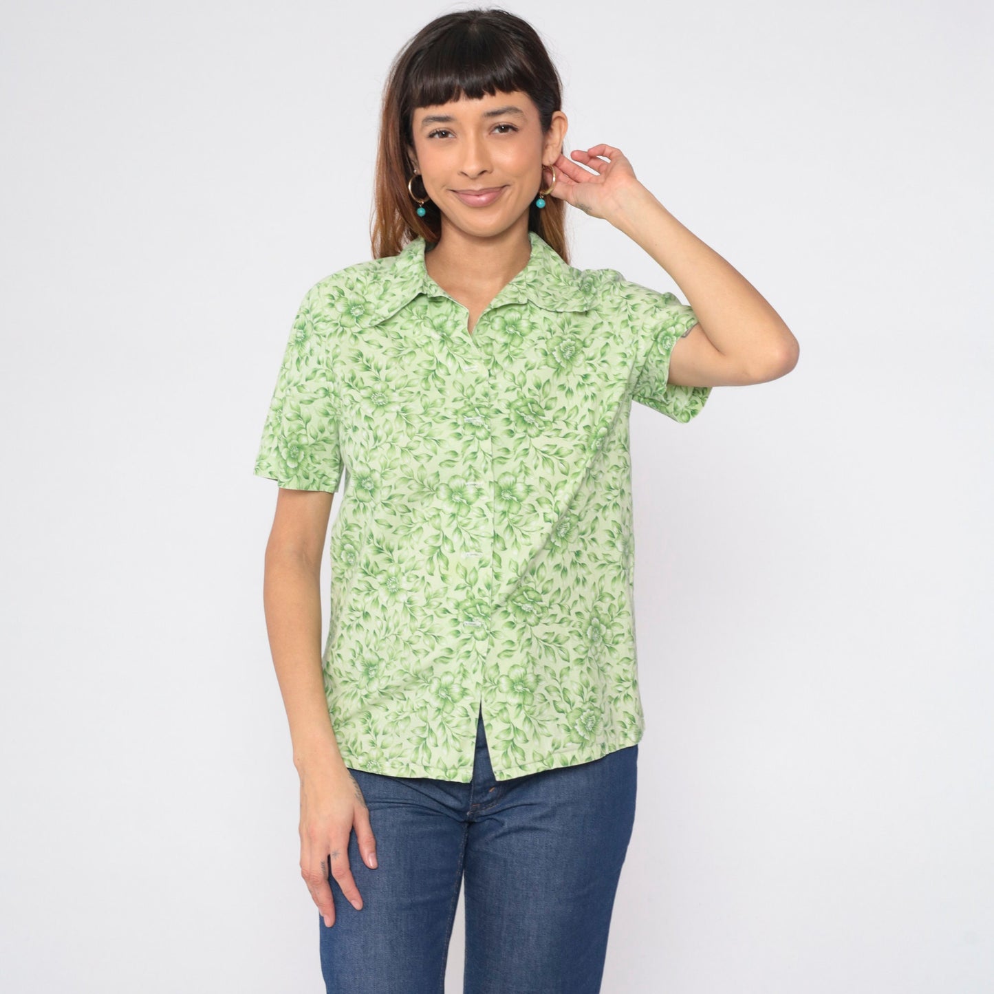 90s Green Floral Button-Up Shirt Short Sleeve Collared Blouse Medium M