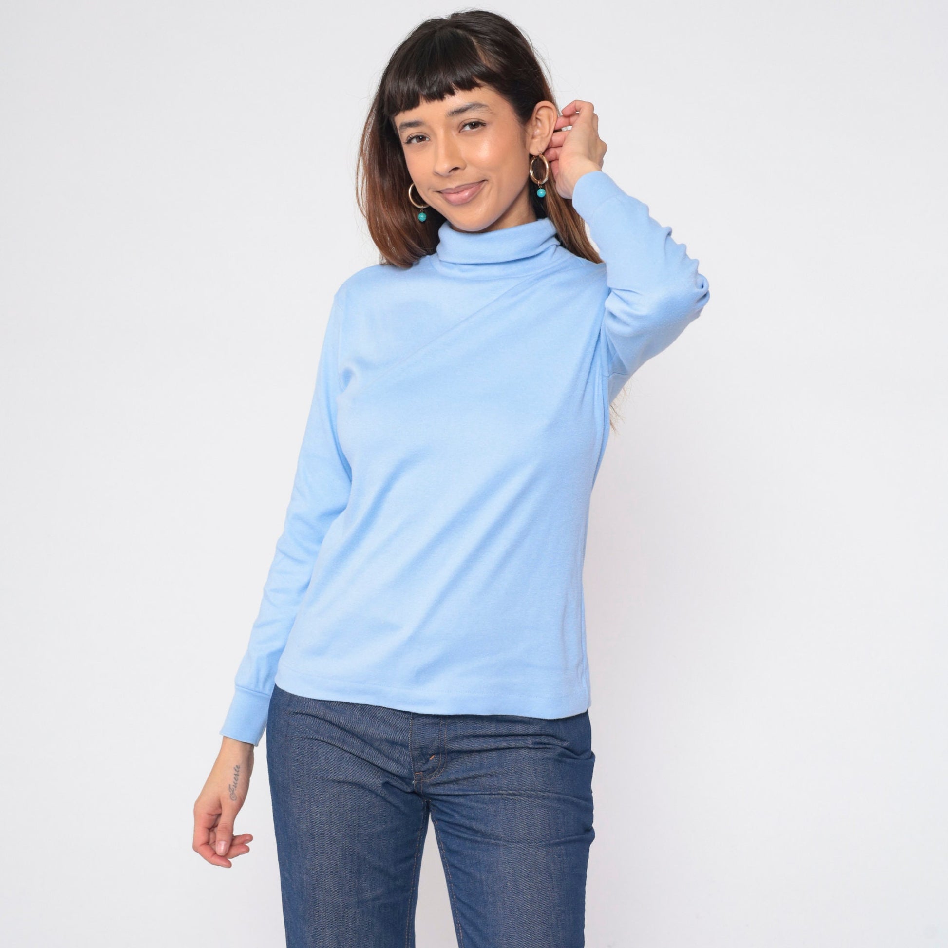 90s Baby Blue Turtleneck Long Sleeve Pullover Top Medium M