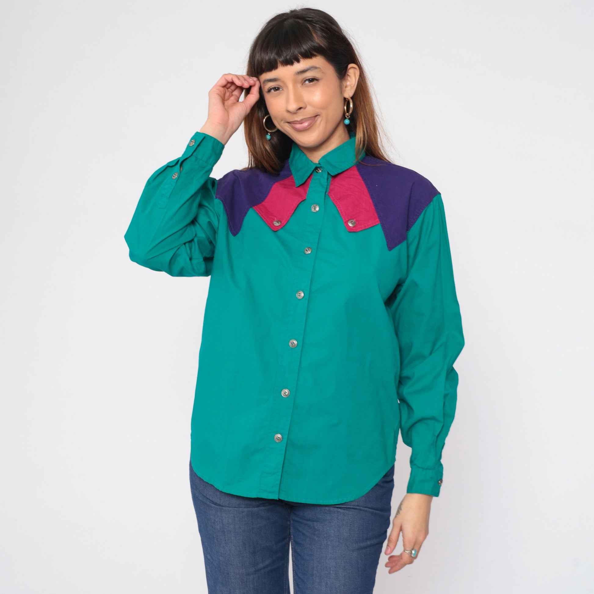 90s Dakota Rodeo Western Blouse Teal Colorblock Yoke Capelet Medium