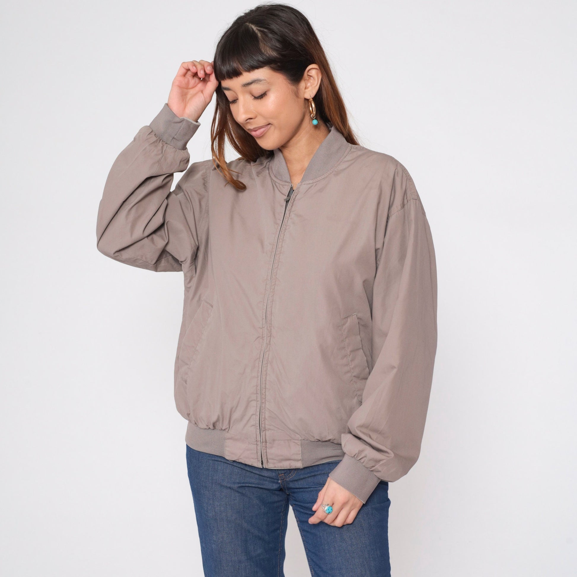 80s Members Only Reversible Windbreaker Jacket Taupe Grey Striped Medium