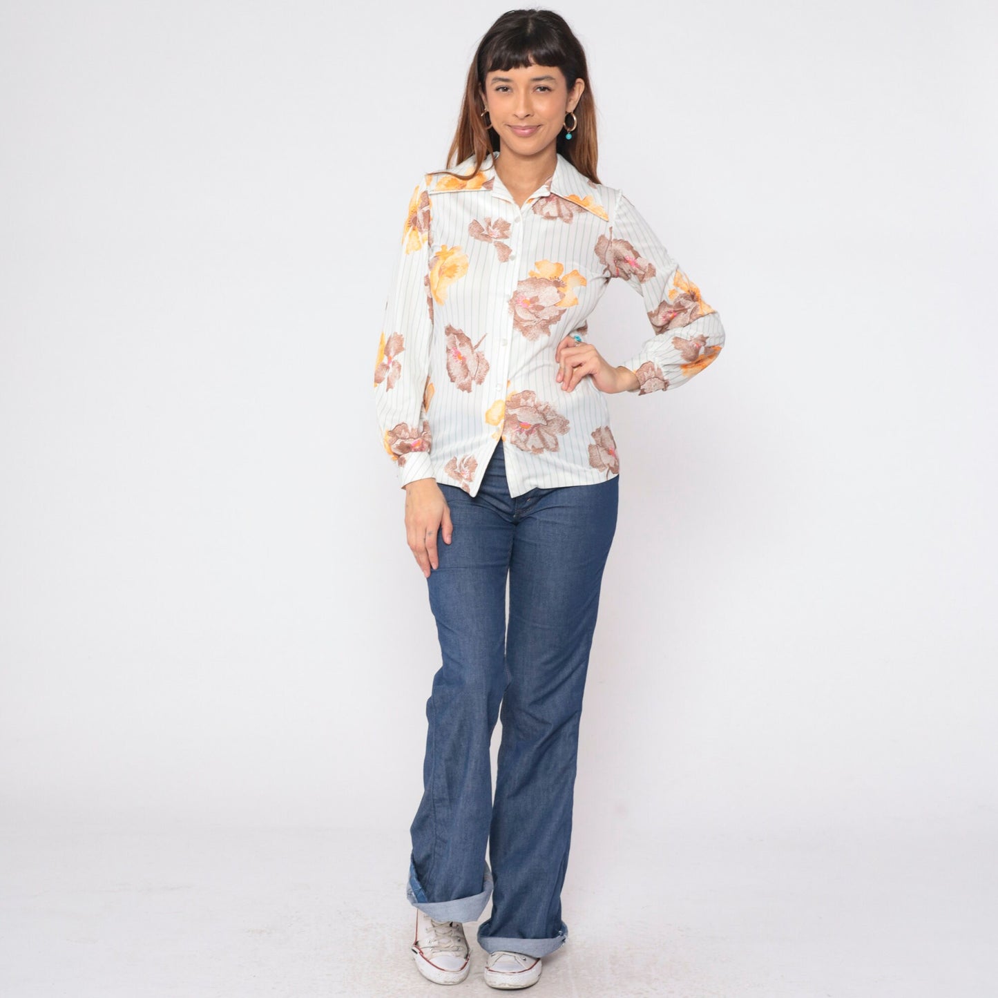 70s Striped Floral White Button-Up Blouse Pointed Collar Long Sleeve Small