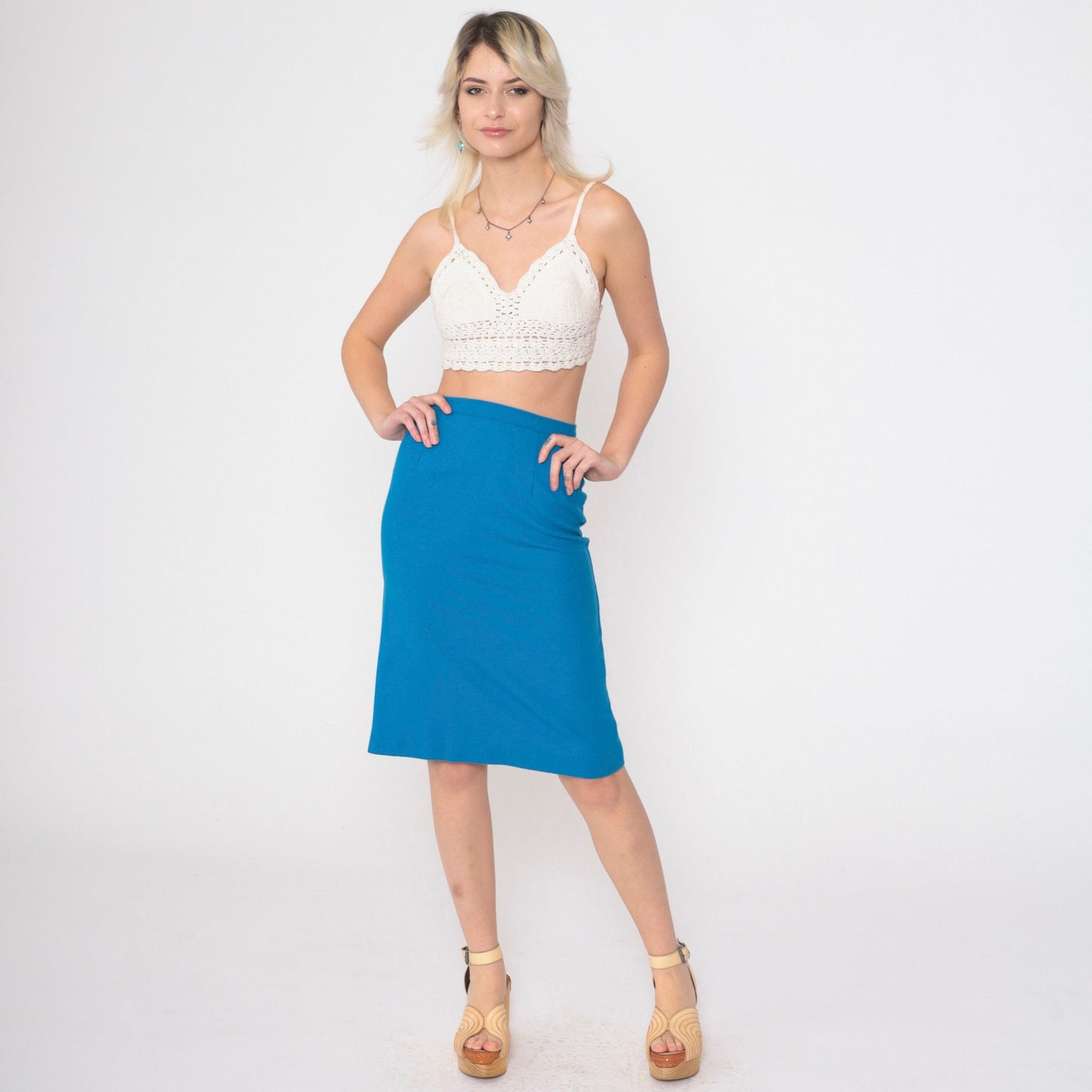 60s Blue Wool Blend Pencil Skirt High Waist Knee Length Extra Small