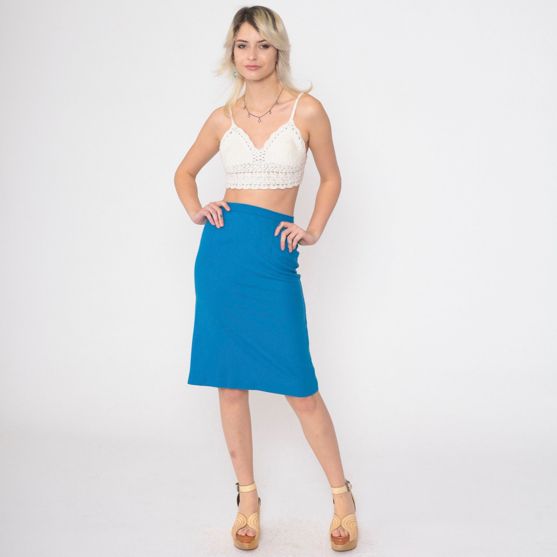 60s Blue Wool Blend Pencil Skirt High Waist Knee Length Extra Small
