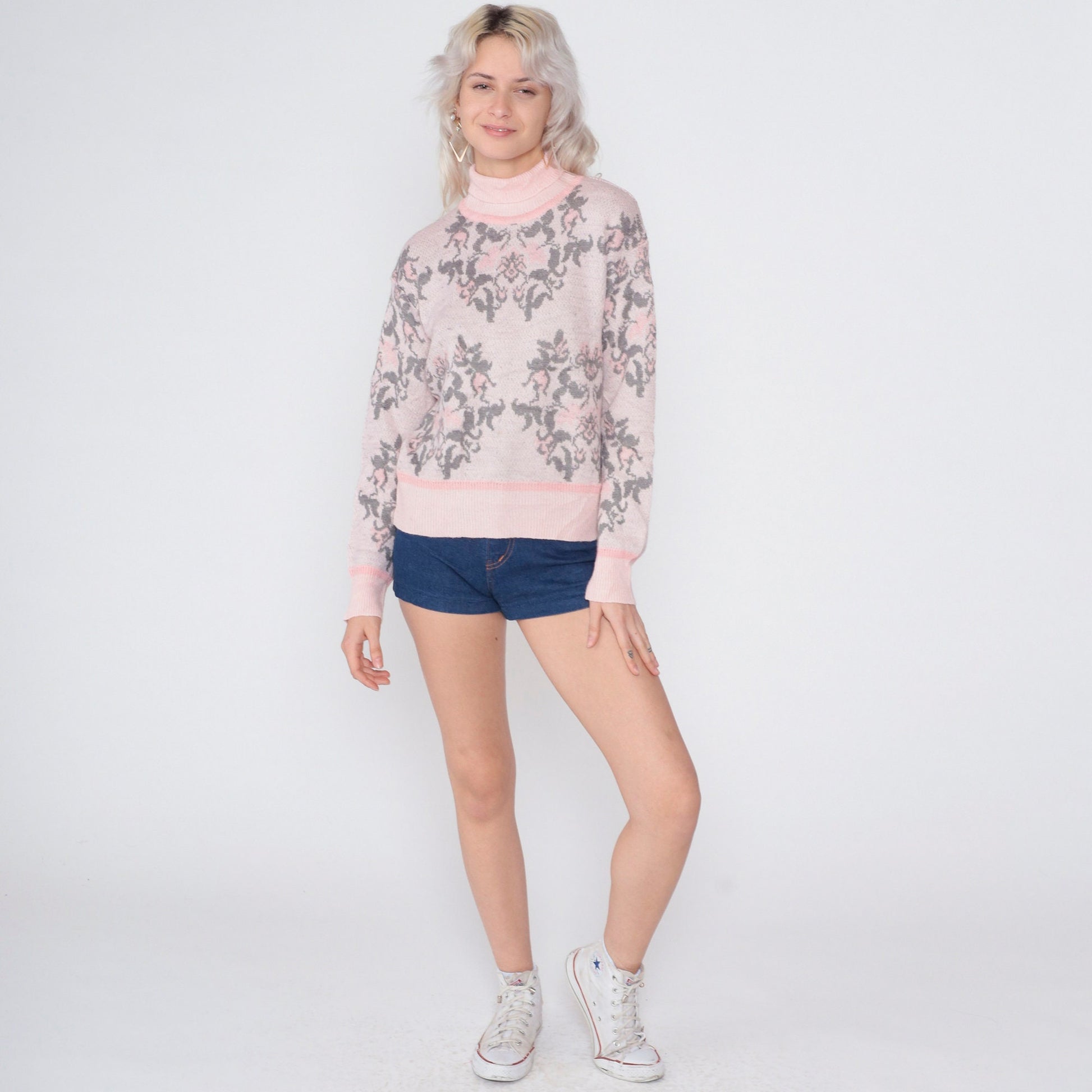 90s Pink Floral Abstract Knit Sweater Mock Neck Wool Blend Small S