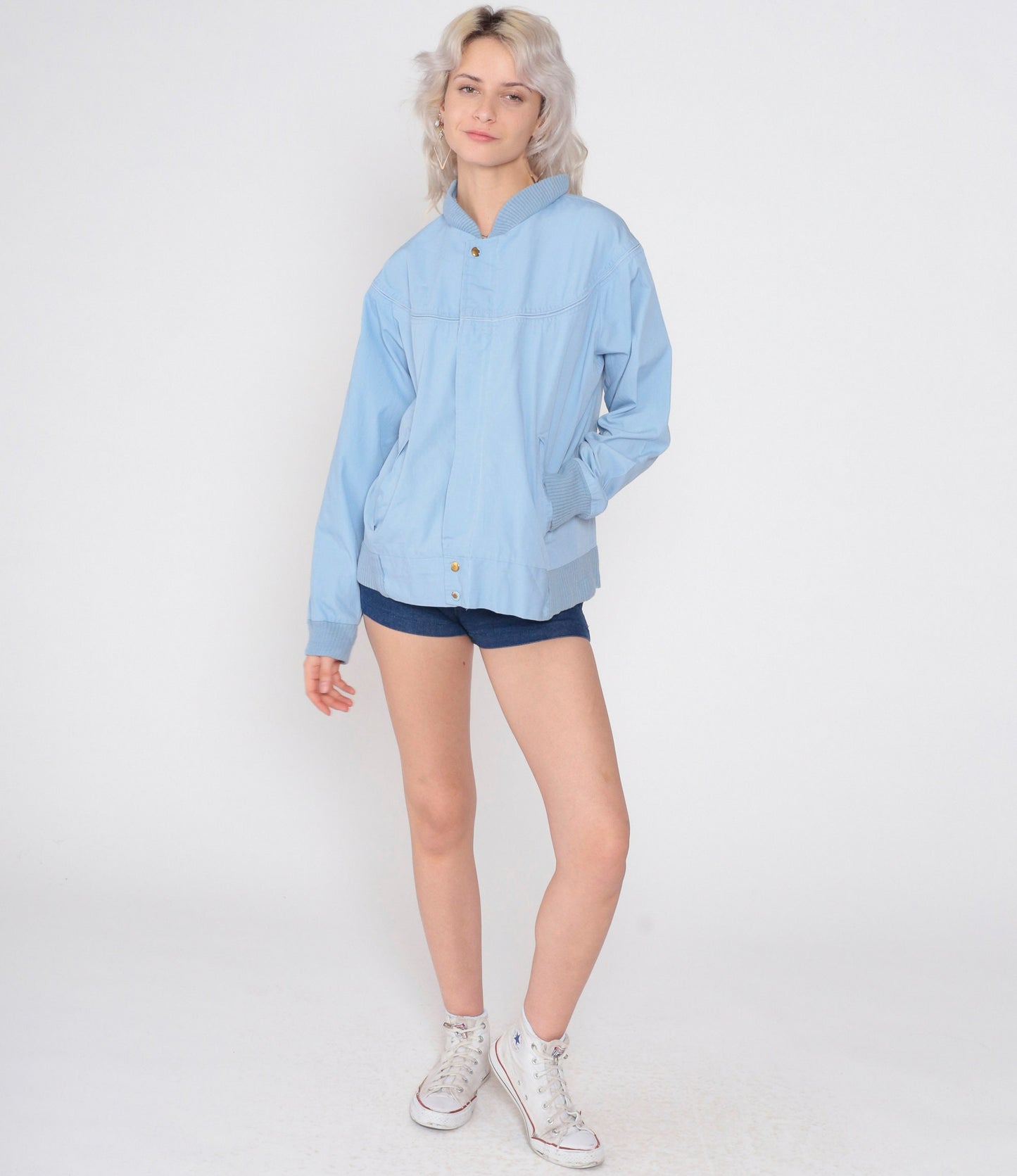 80s Baby Blue Bomber Jacket Windbreaker Zip Snap Front Medium