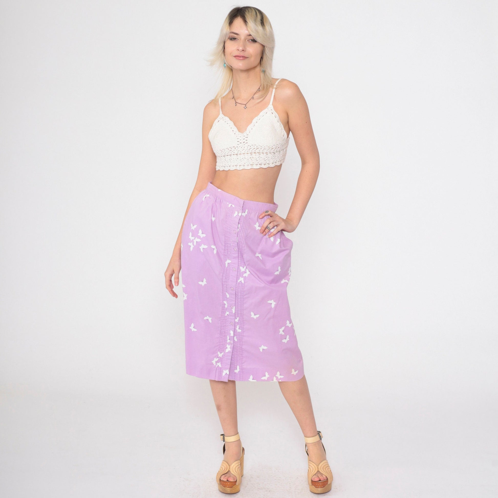 70s Lavender Butterfly Button Skirt High Waist Pintucked Midi Small