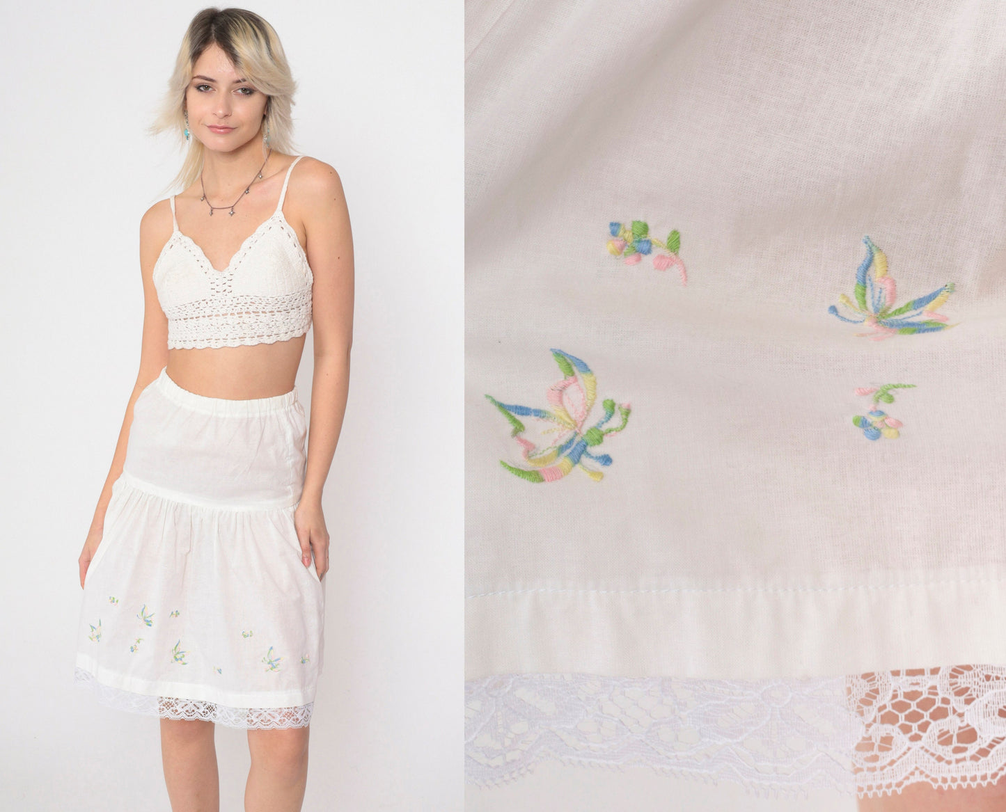 70s White Butterfly Embroidered Slip Skirt Lace Trim Extra Small