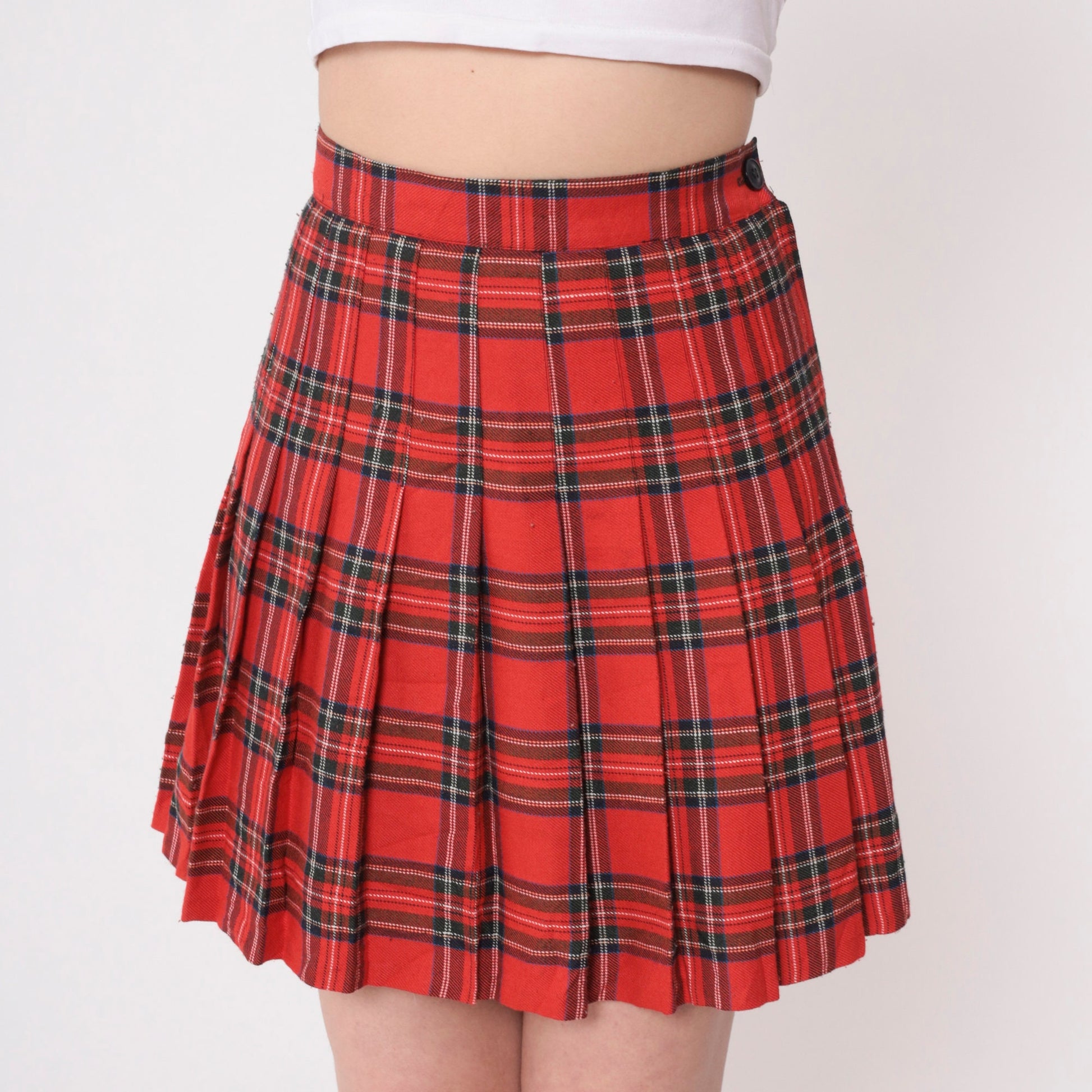 90s Red Plaid Mini Skirt High Waisted Pleated Tartan Extra Small