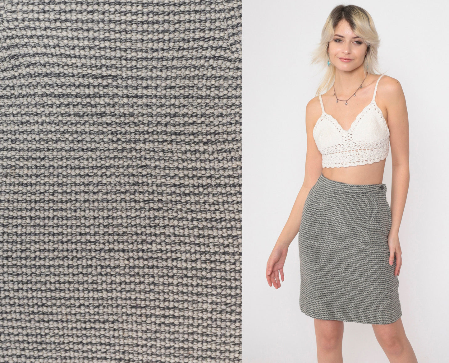 60s Grey Striped Wool Pencil Skirt High Waisted Mini Extra Small XS