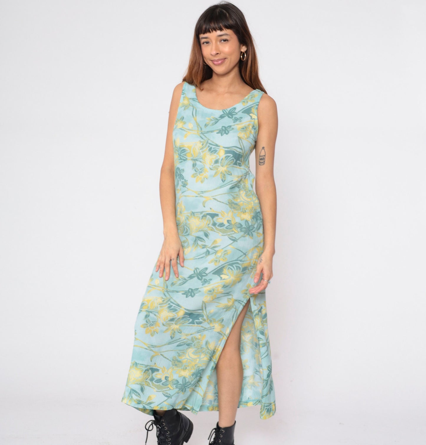 90s Seafoam Floral Rayon Maxi Dress Sleeveless Side Slit Small
