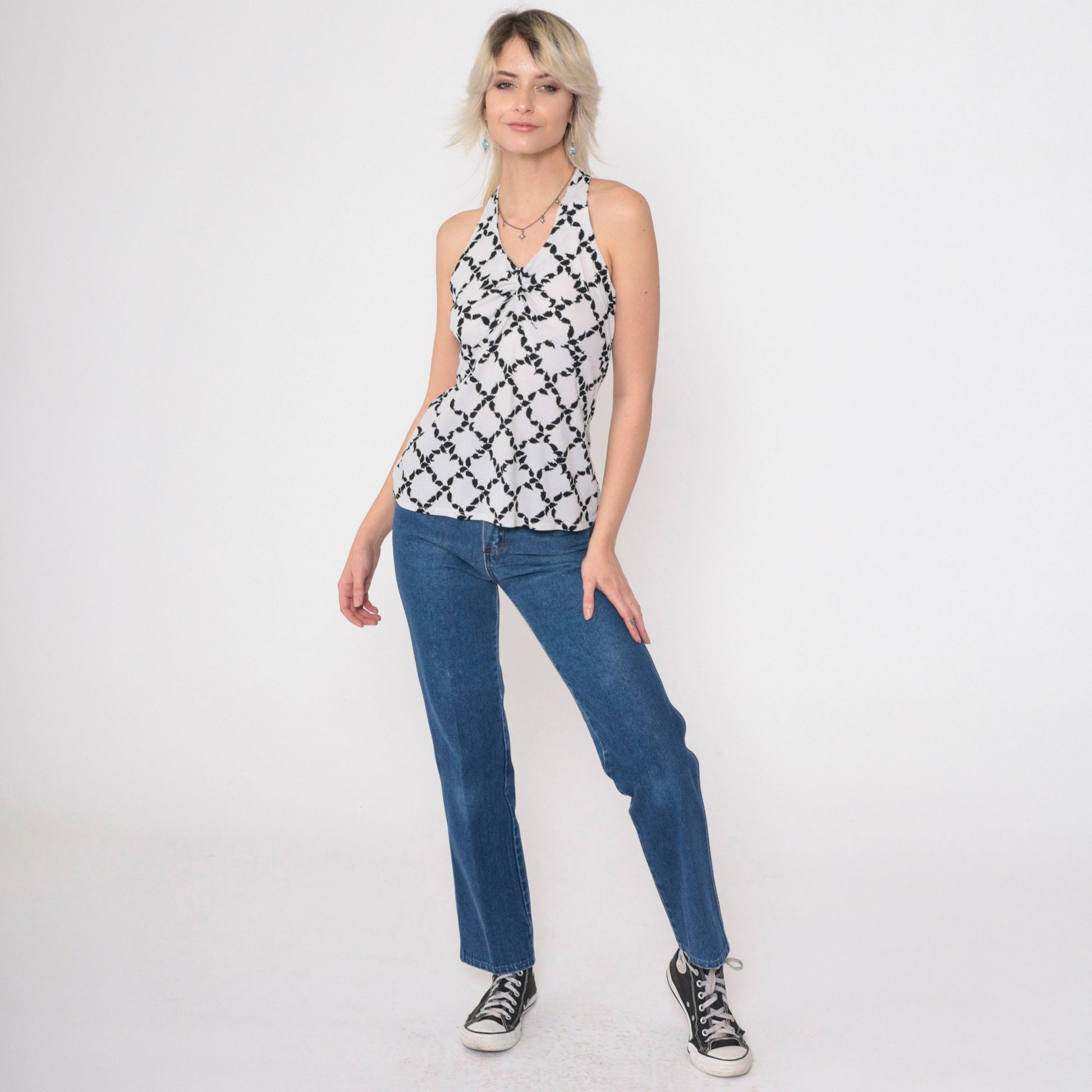 70s Halter Tank Top Black White Leaf Print Racerback Small