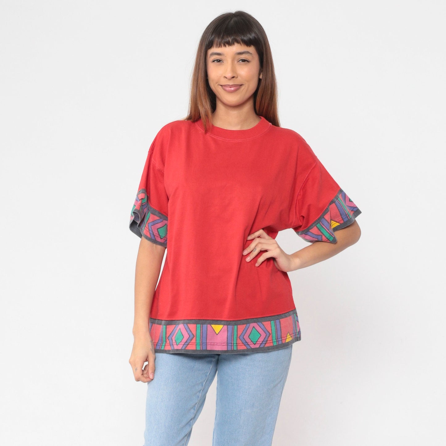 90s Southwestern Geometric Red Graphic T-Shirt Cotton Large
