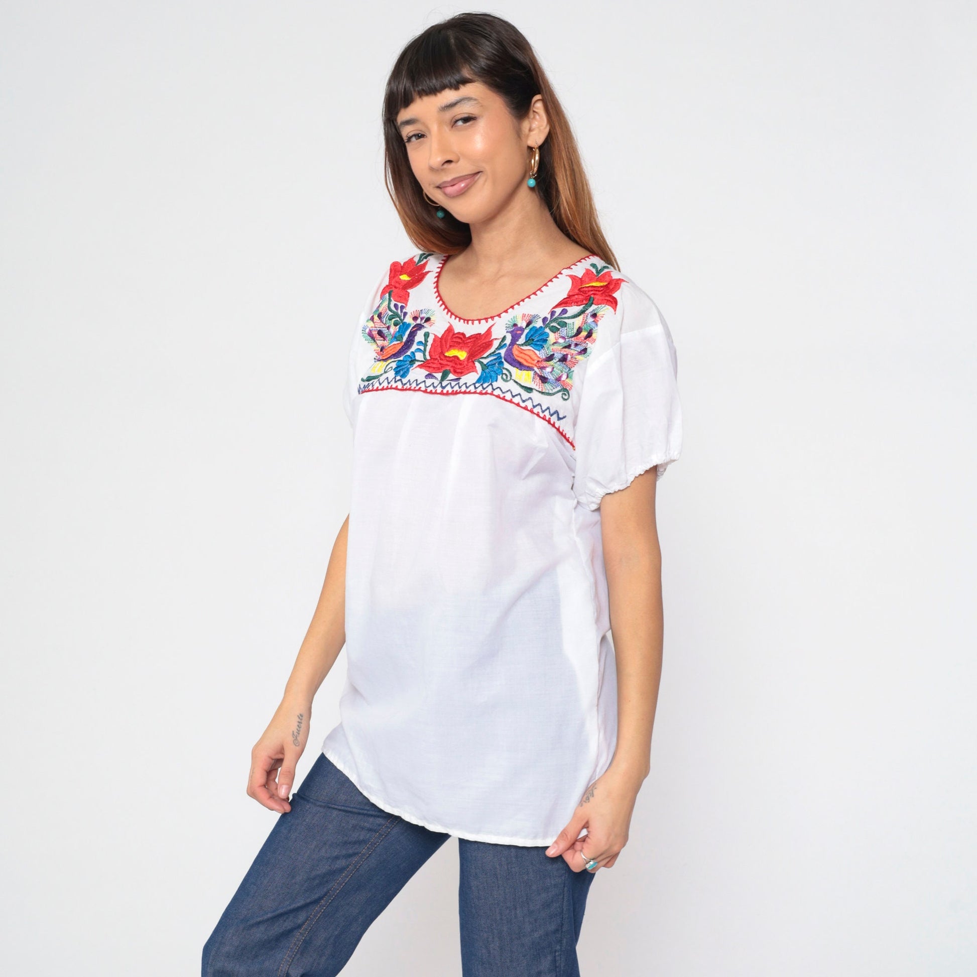 90s Mexican Embroidered Bird Blouse White Cotton Floral Puebla Medium