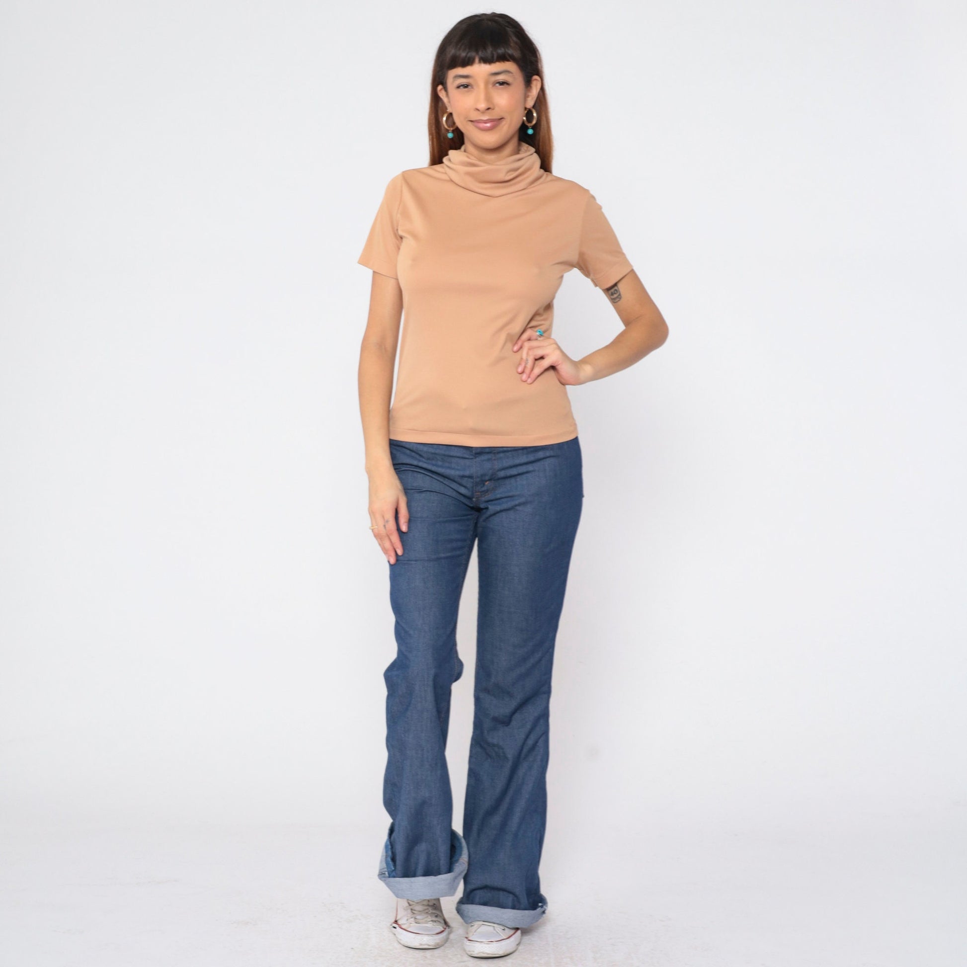 70s Tan Turtleneck Short Sleeve Blouse Medium M