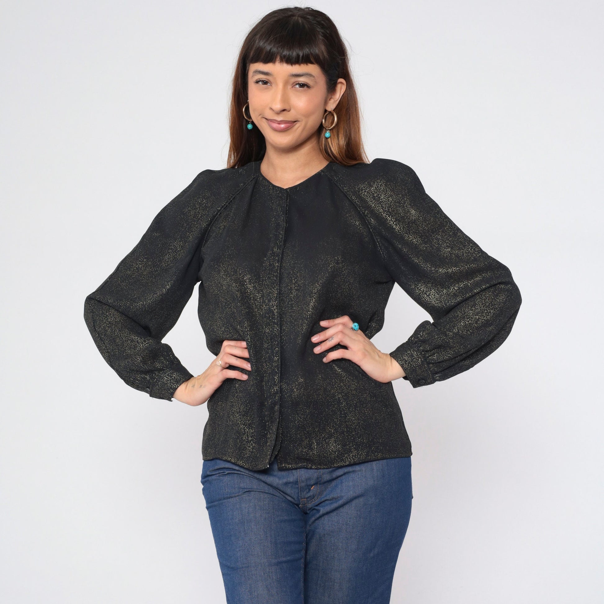 90s Metallic Black Gold Blouse Hidden Button Puff Sleeve Fitted Small S