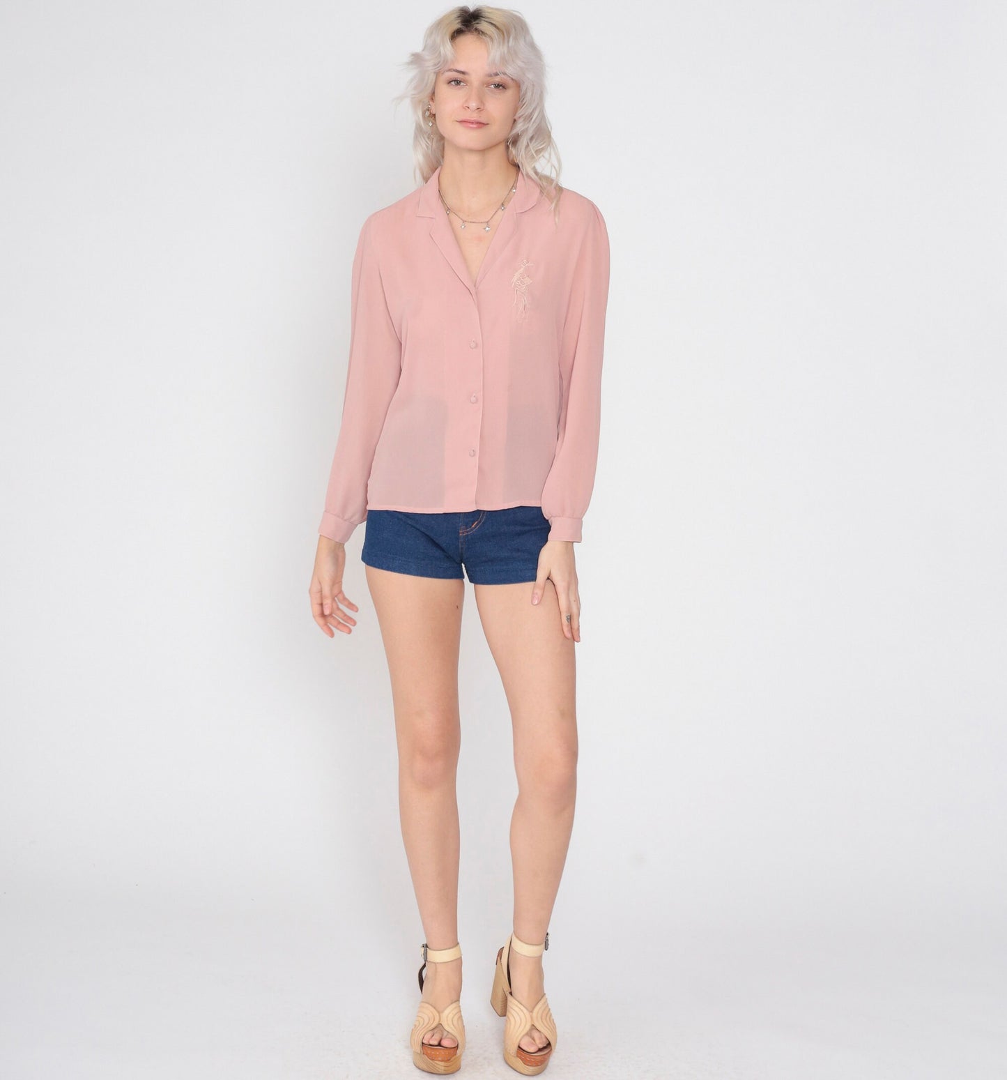 80s Blush Pink Embroidered Peacock Button-Up Blouse Long Sleeve Small