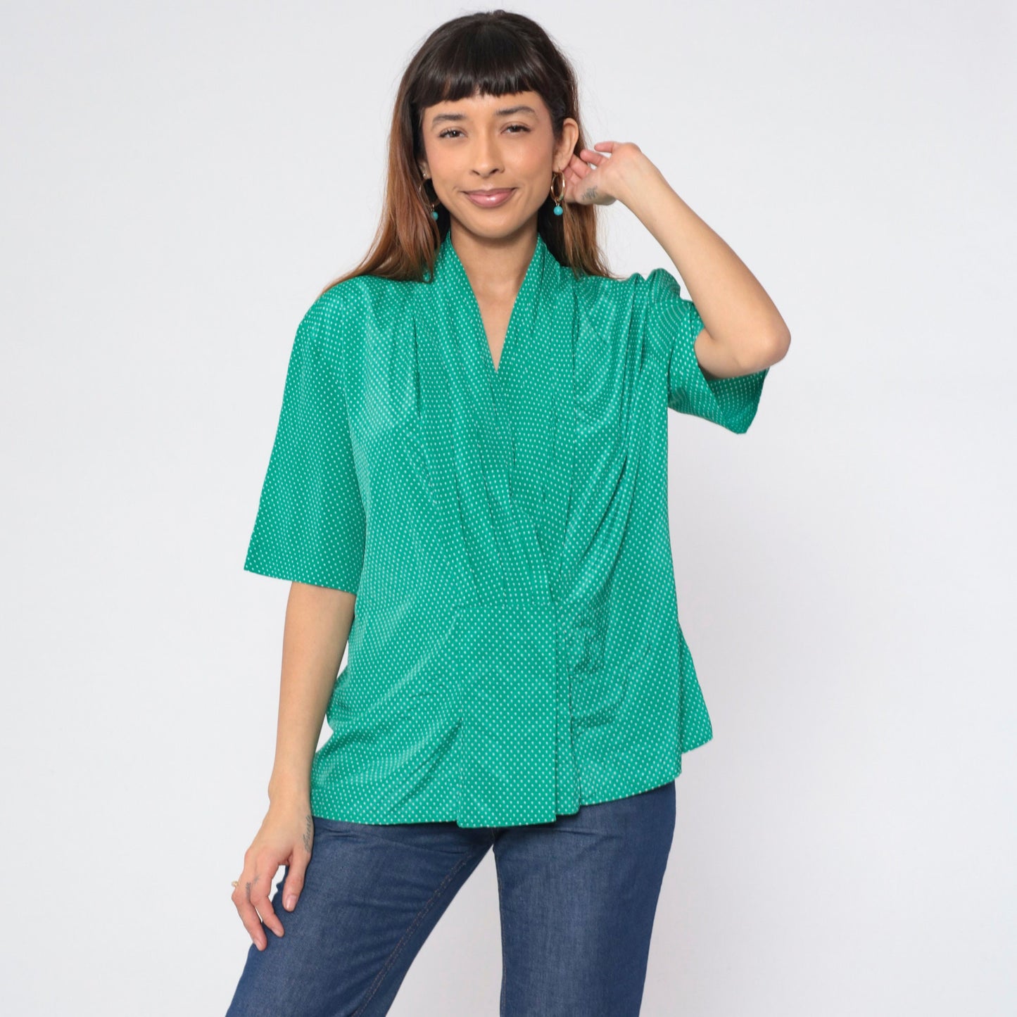 90s Green Polka Dot Blouse V-Neck Pleated Short Sleeve Shirt Large L