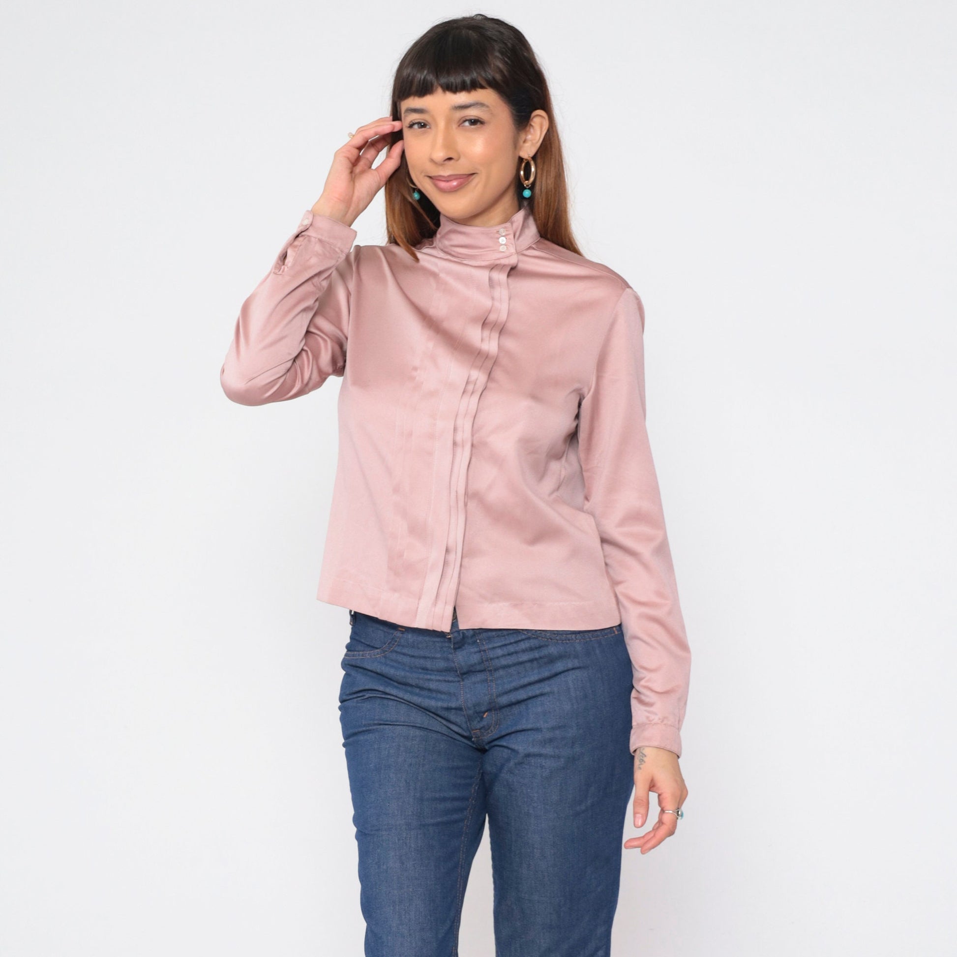 90s Ellen Tracy Pink Pleated Blouse Mock Neck Long Sleeve Medium