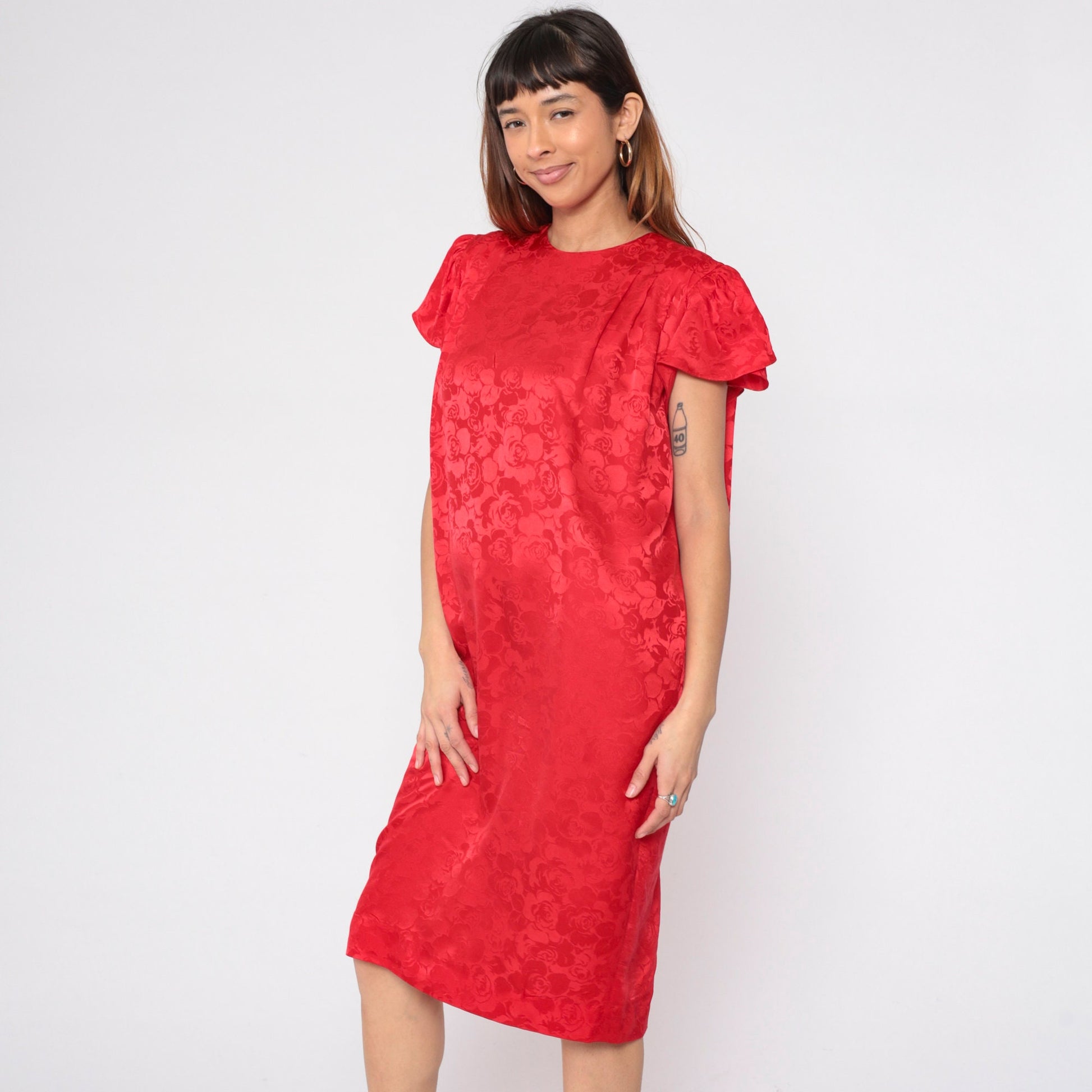 80s Lauren Alexandra Red Silk Floral Midi Dress Puff Sleeve Medium 10